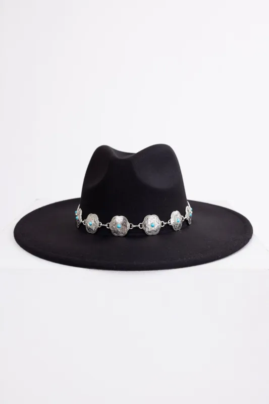 Black Western Chain Felt Flat Brim Hat sold by Lime Lush