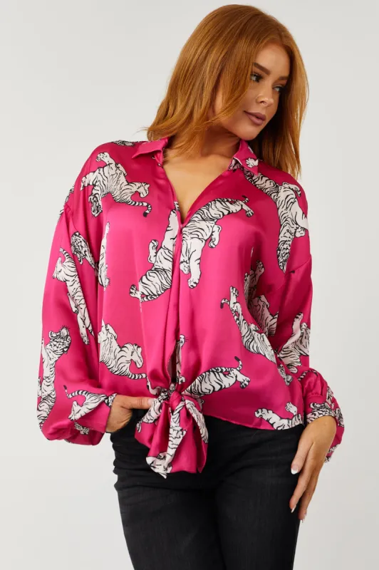 Magenta Tiger Printed Front Tie Satin Blouse sold by Lime Lush