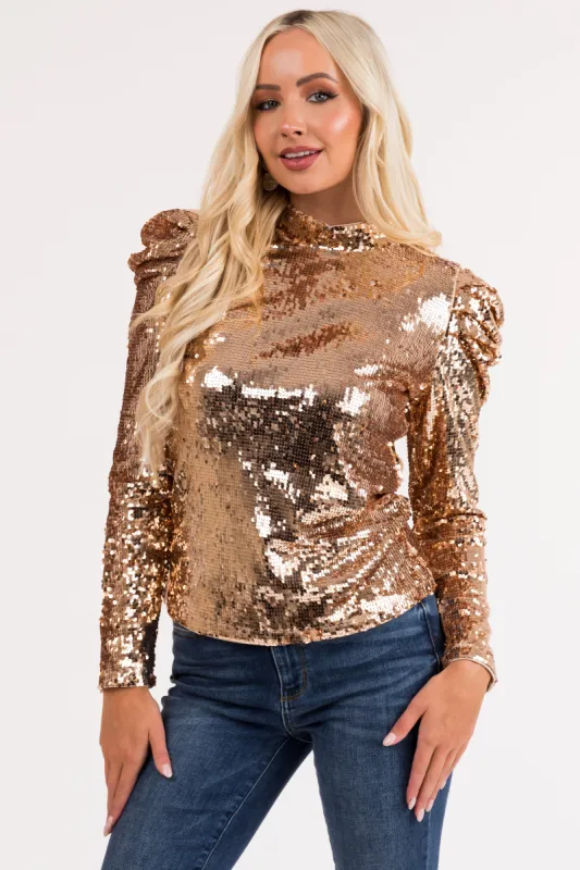 Gold Sequin Mock Neck Bubble Sleeve Top sold by Lime Lush