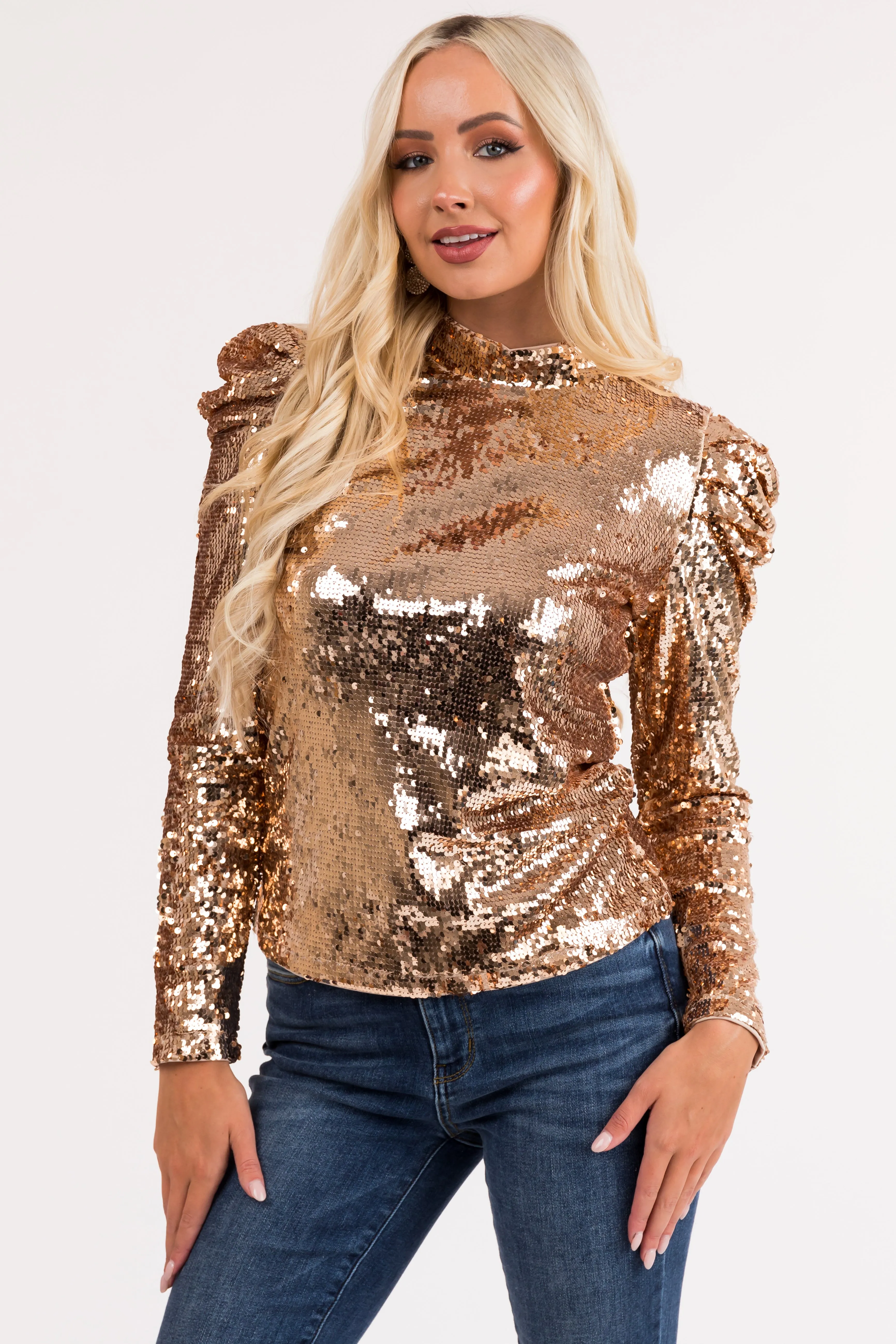 Gold Sequin Mock Neck Bubble Sleeve Top sold by Lime Lush