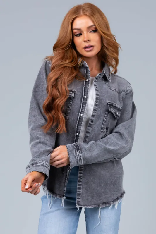 Graphite Button Up Distressed Denim Jacket sold by Lime Lush