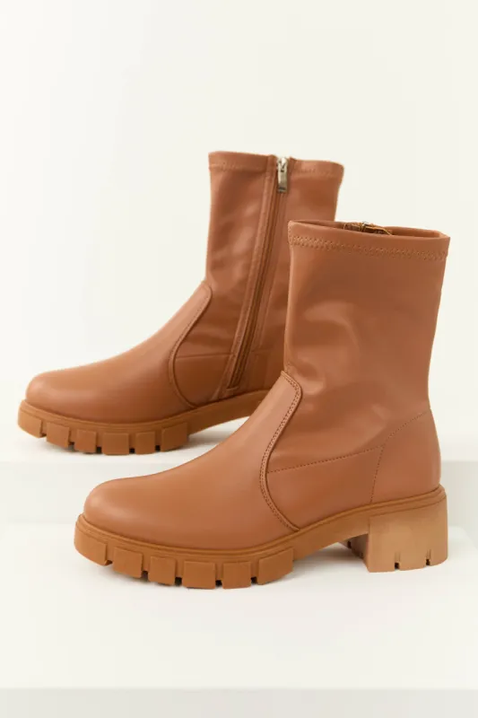 Tawny Faux Leather Zip Up Platform Bootie sold by Lime Lush