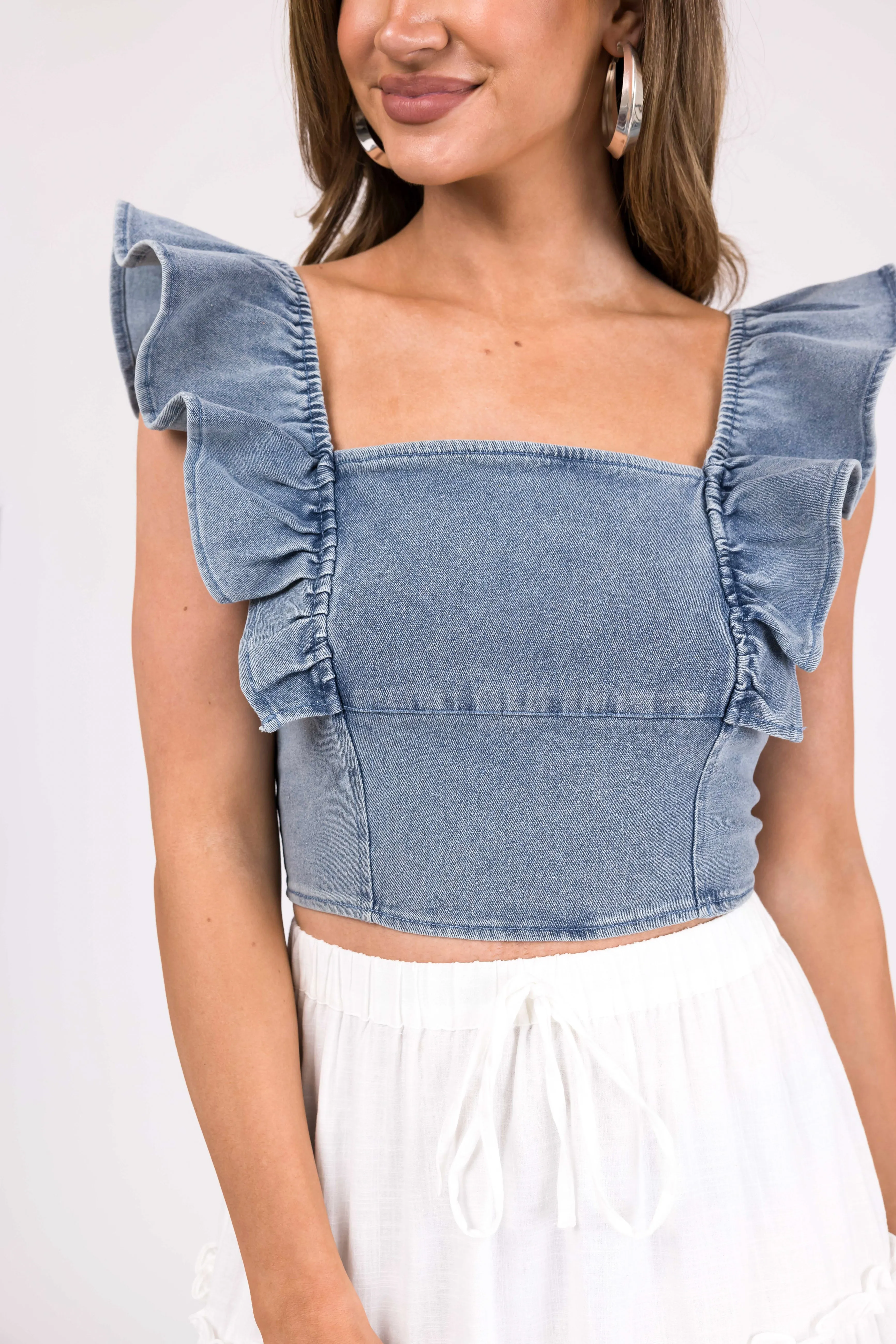 Medium Wash Denim Short Sleeve Crop Top sold by Lime Lush product image thumbnail 5