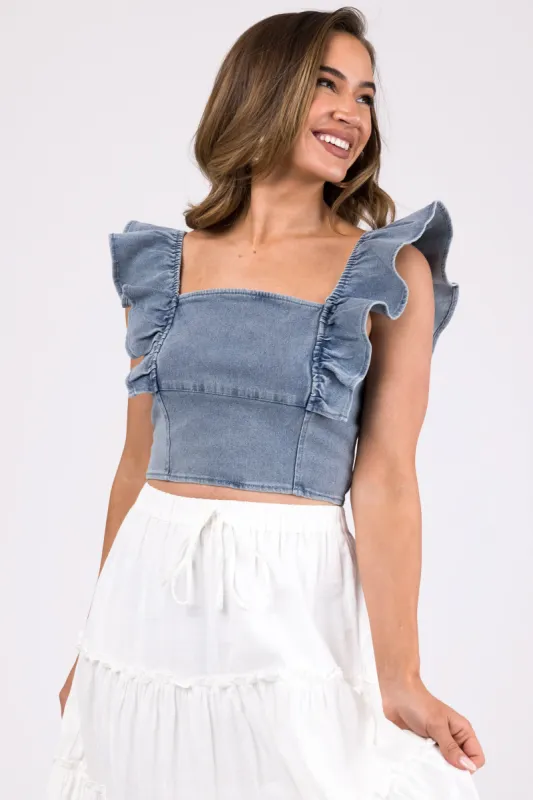 Medium Wash Denim Short Sleeve Crop Top sold by Lime Lush