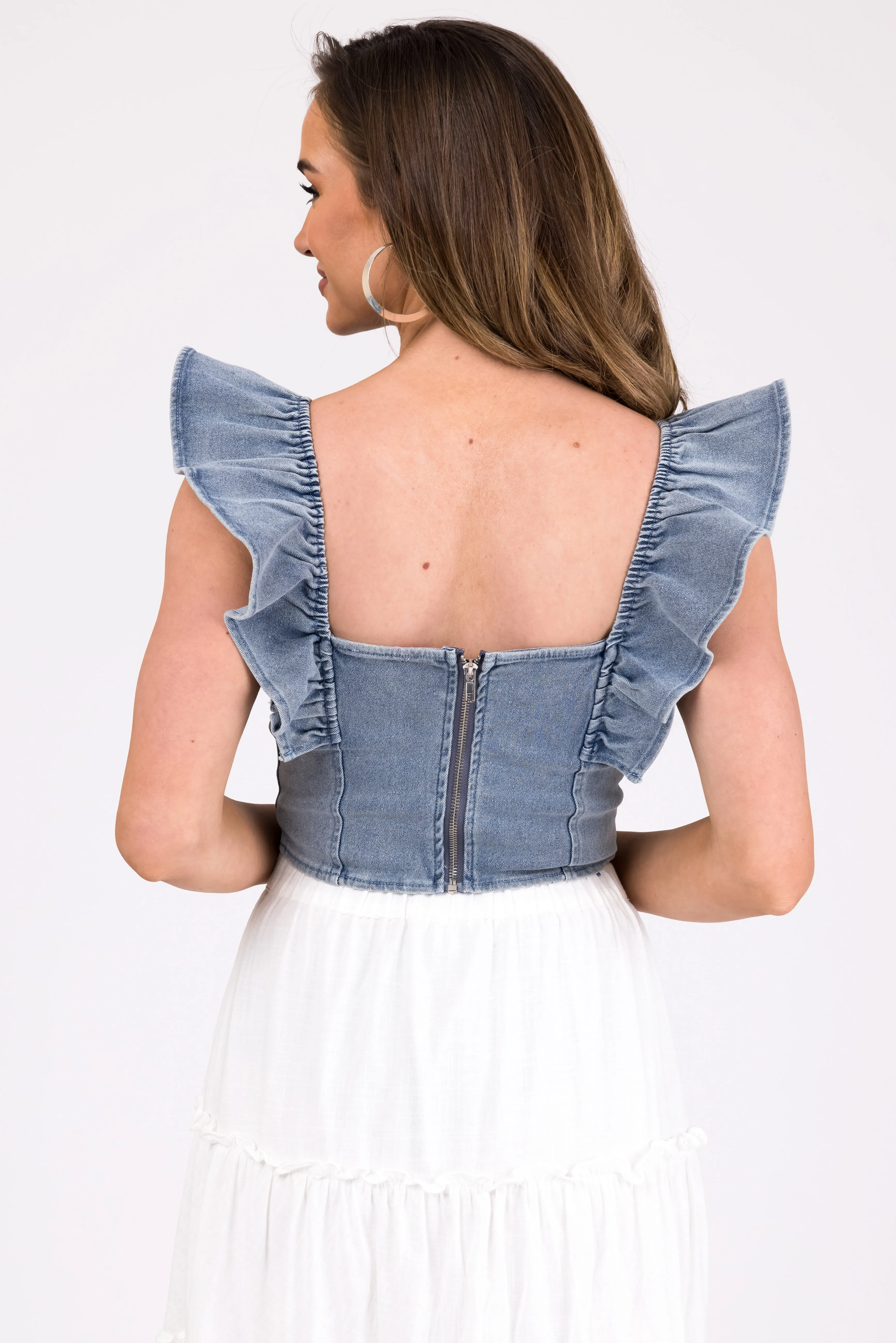 Medium Wash Denim Short Sleeve Crop Top sold by Lime Lush product image thumbnail 4