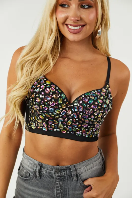 Black Iridescent Rhinestone Cropped Bustier Top sold by Lime Lush