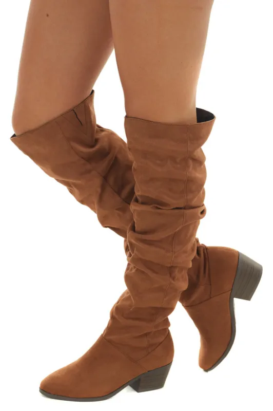 Cognac Suede Slouchy Over the Knee Booties sold by Lime Lush