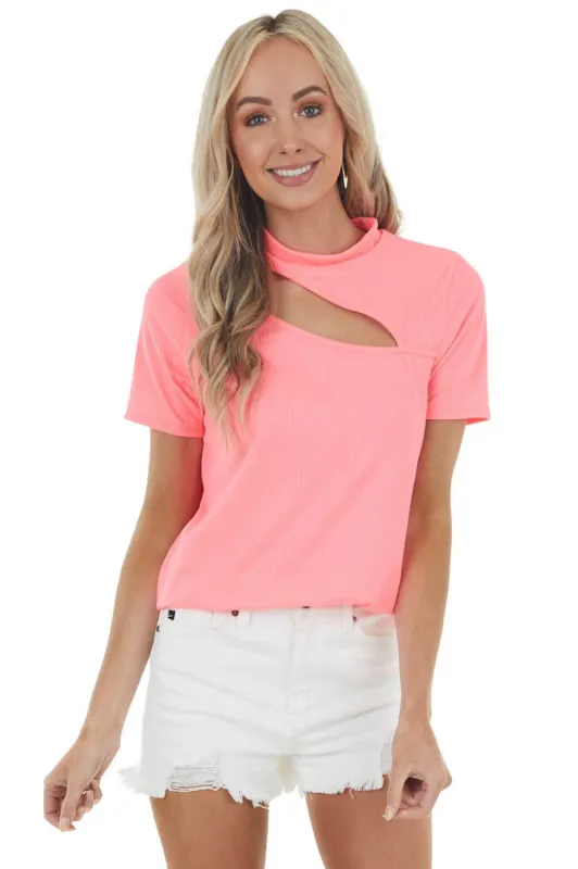Neon Pink Ribbed Short Sleeve Knit Top with Cut Out Detail sold by Lime Lush