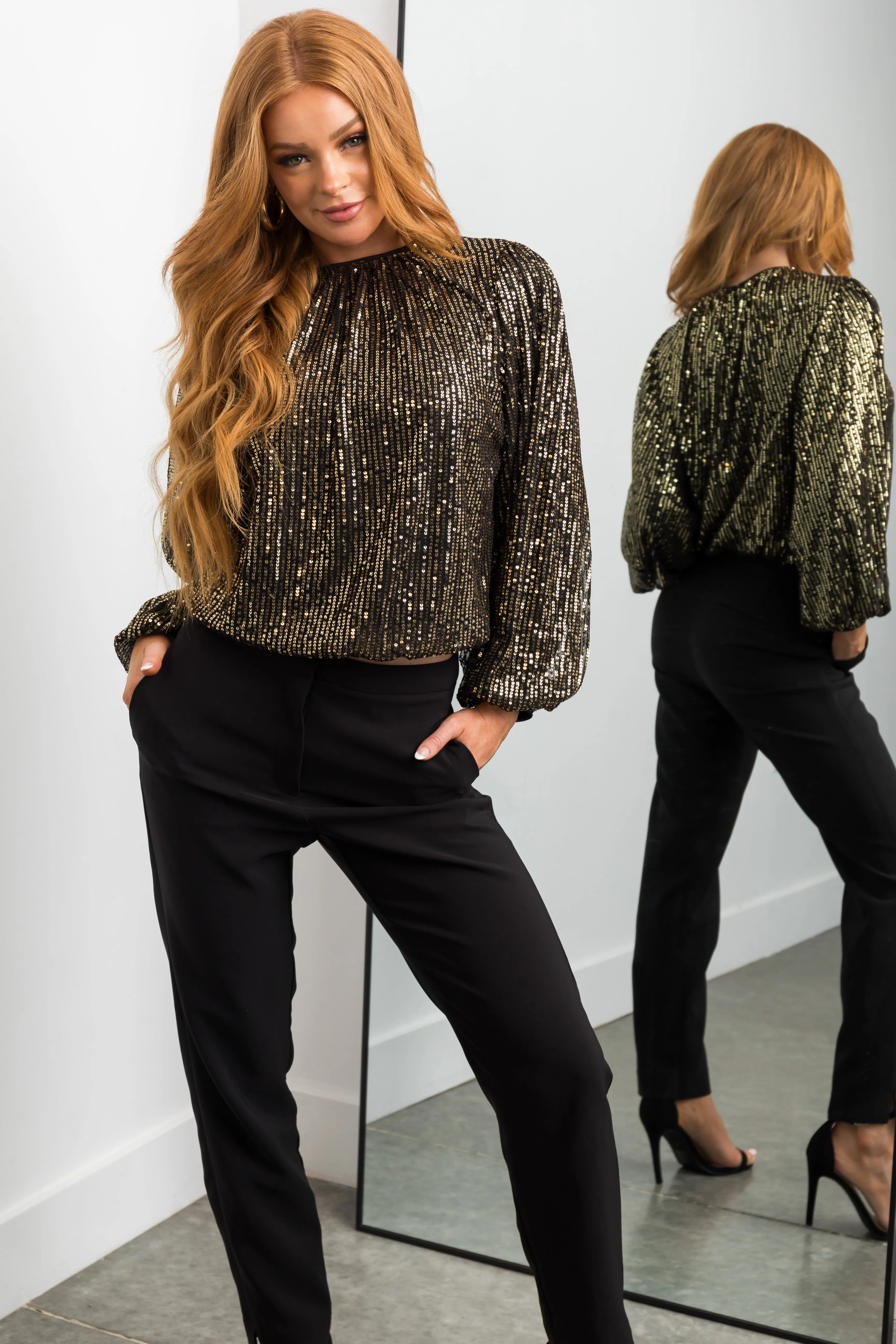 Flying Tomato Black Bubble Long Sleeve Gold Sequin Top sold by Lime Lush product image thumbnail 3