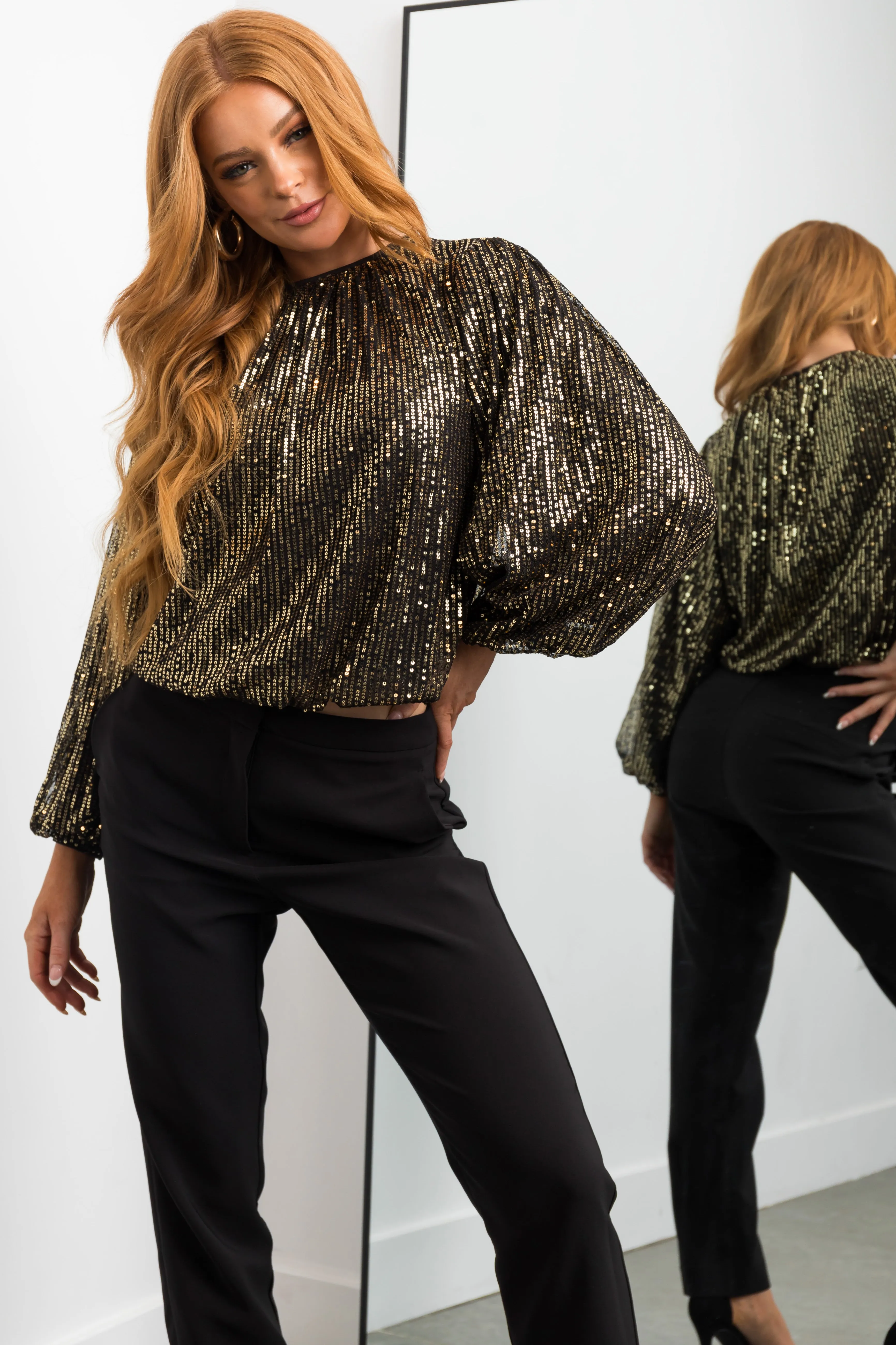 Flying Tomato Black Bubble Long Sleeve Gold Sequin Top sold by Lime Lush