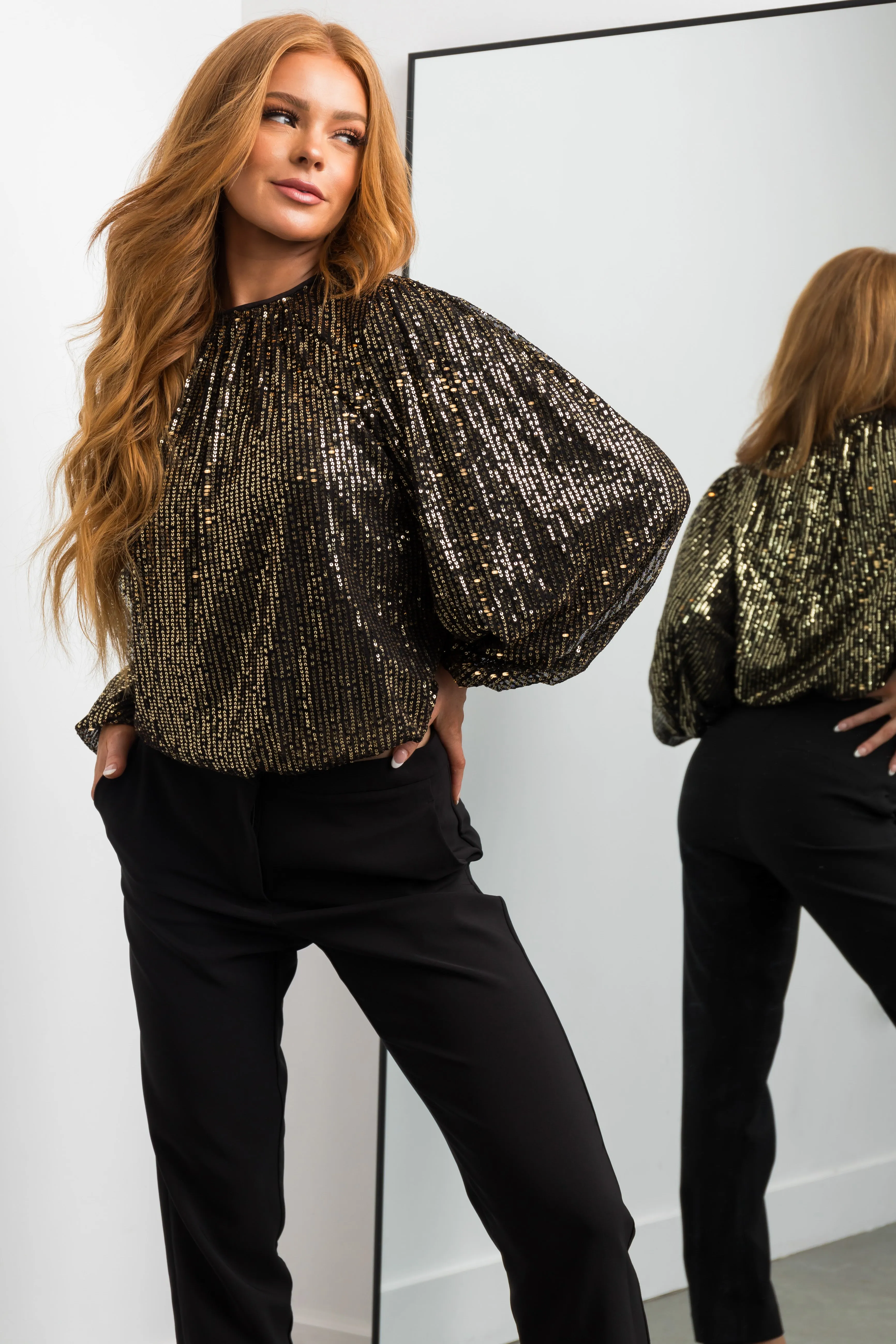 Flying Tomato Black Bubble Long Sleeve Gold Sequin Top sold by Lime Lush product image thumbnail 2