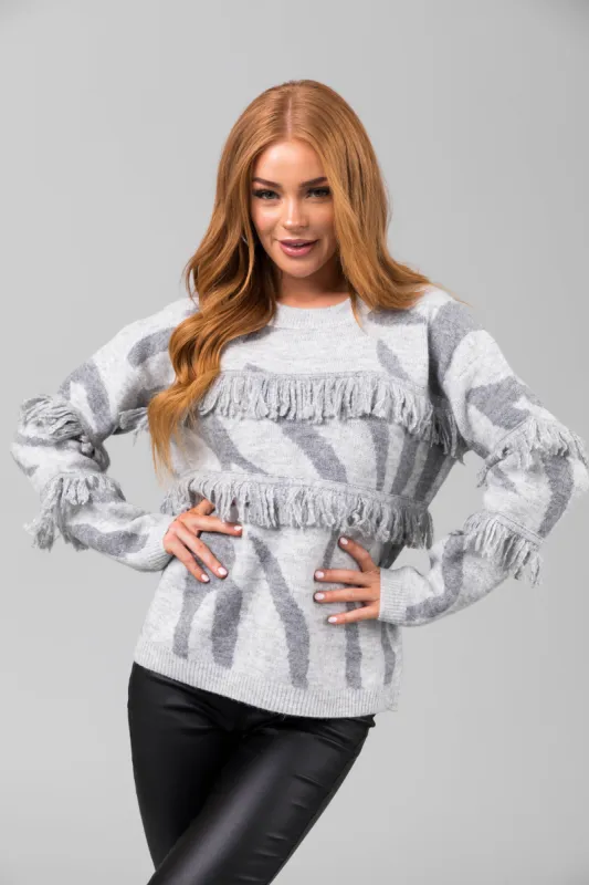 Heather Grey Zebra Print Tassel Sweater sold by Lime Lush