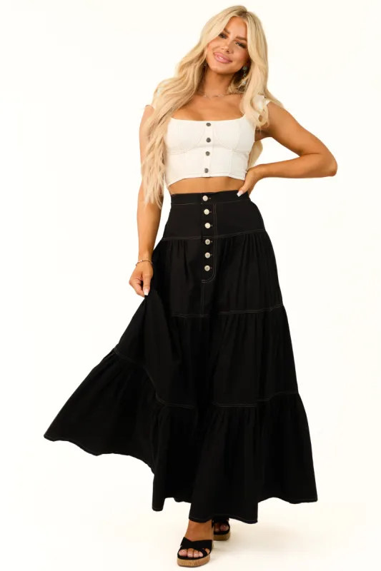Black Tiered Seam Detail Buttoned Maxi Skirt sold by Lime Lush