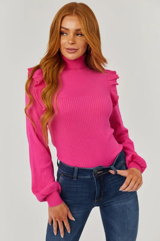 Magenta Ribbed Turtleneck Ruffle Sweater sold by Lime Lush