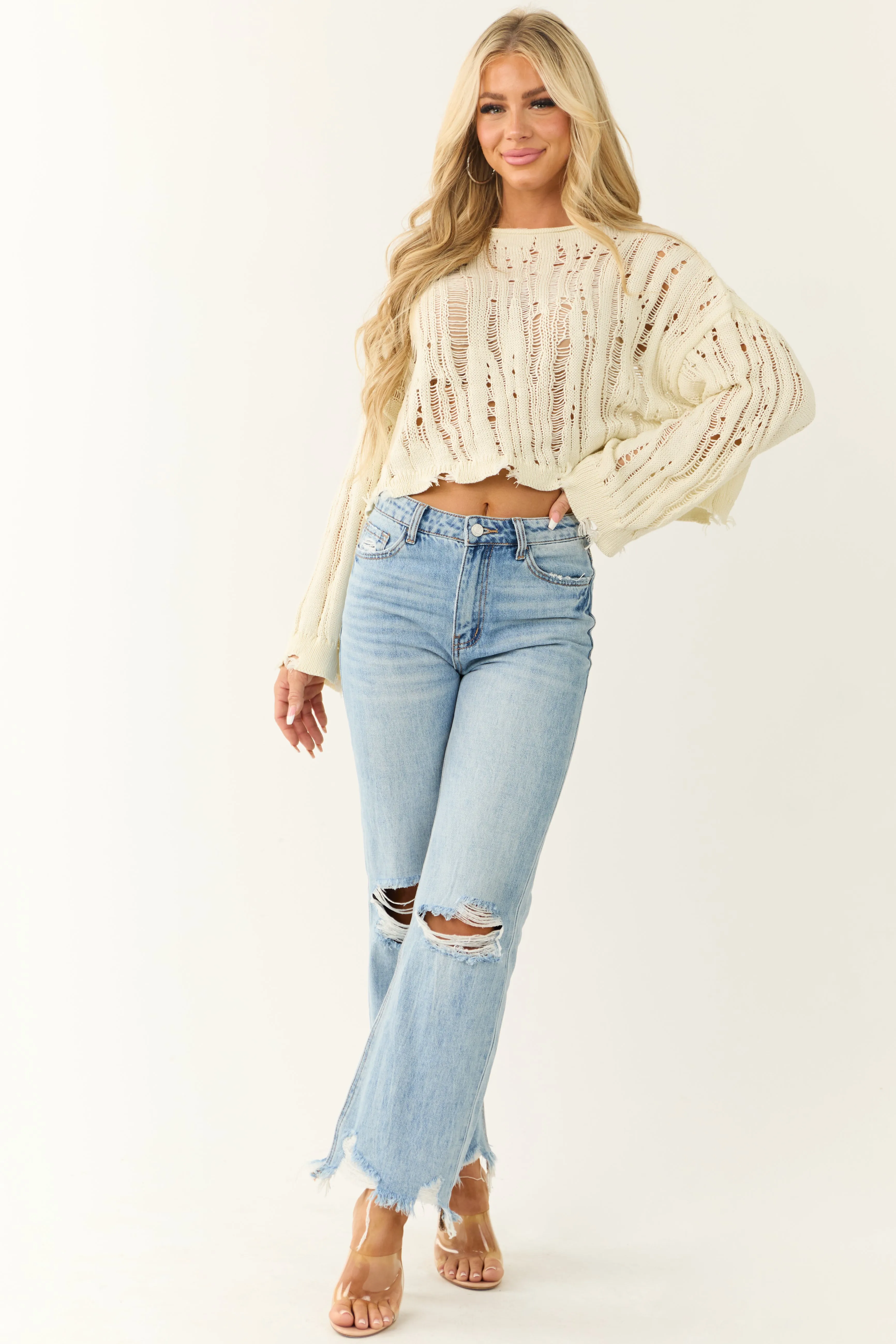 Cream Distressed Cropped Sweater sold by Lime Lush product image thumbnail 4