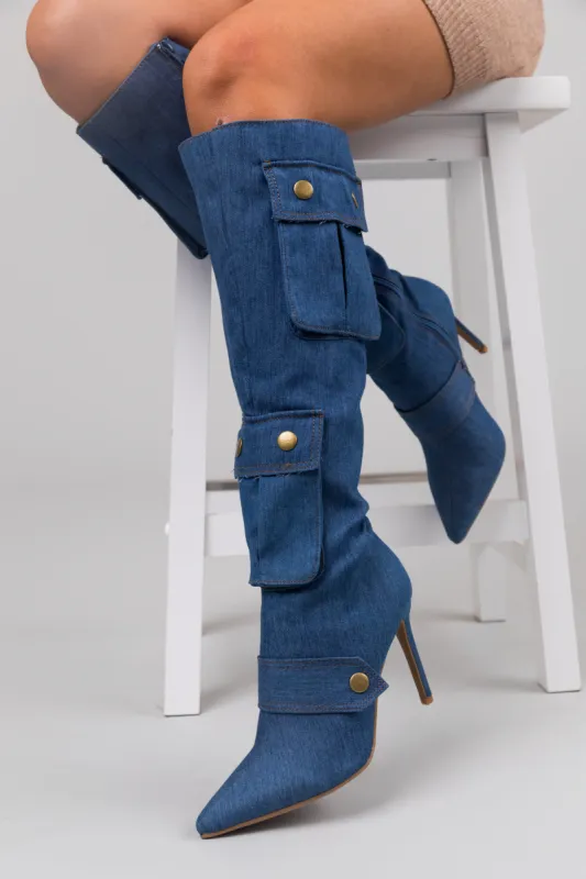 Denim Knee High Boots with Pockets sold by Lime Lush