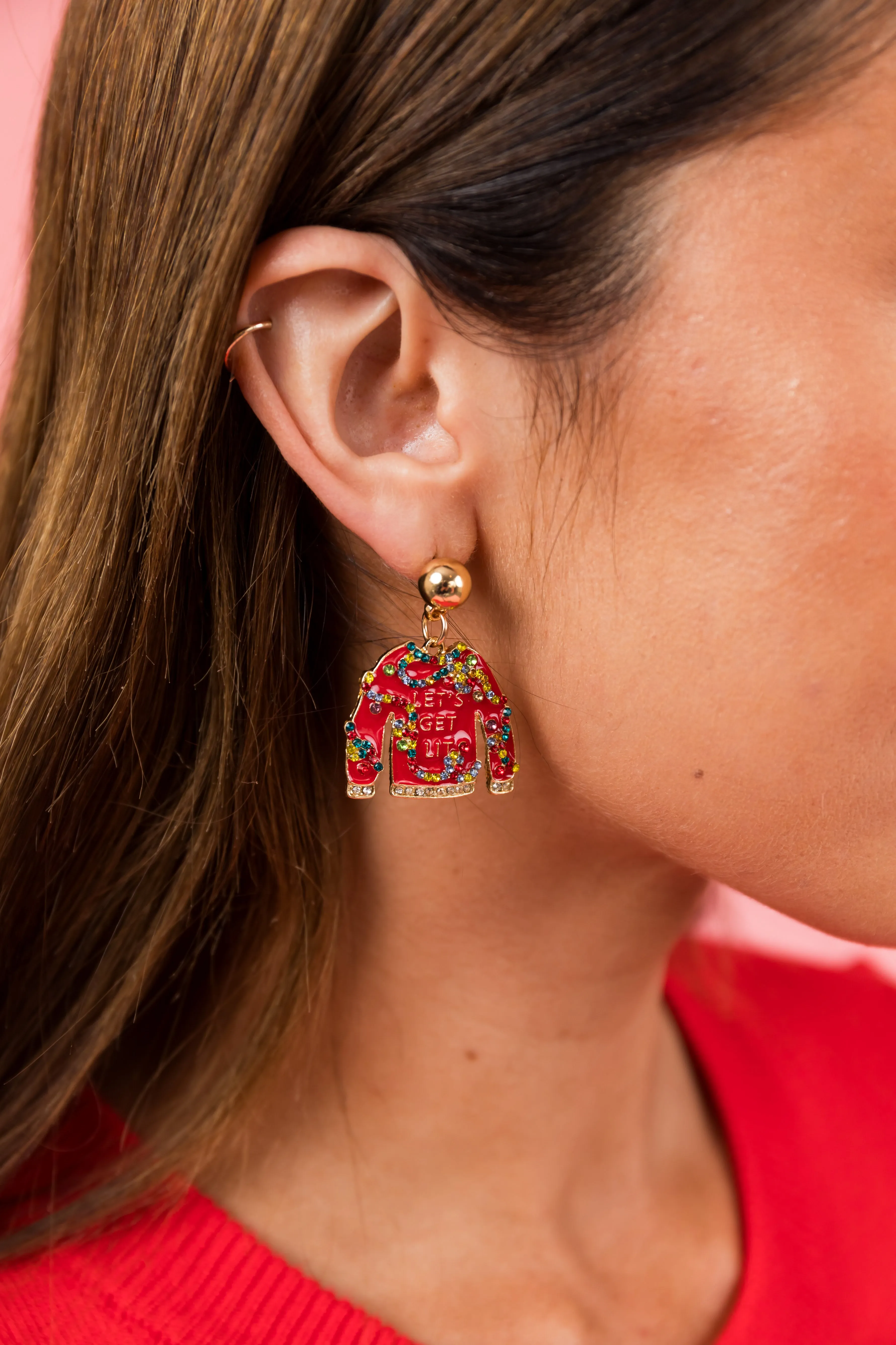 Holiday Red Embellished Sweater Drop Earrings sold by Lime Lush