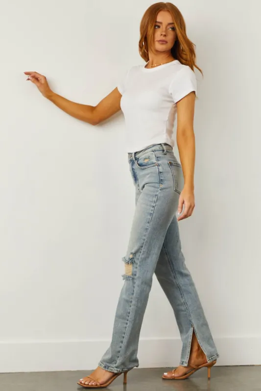 Judy Blue Light Wash High Rise Straight Jeans with Inseam Slit sold by Lime Lush