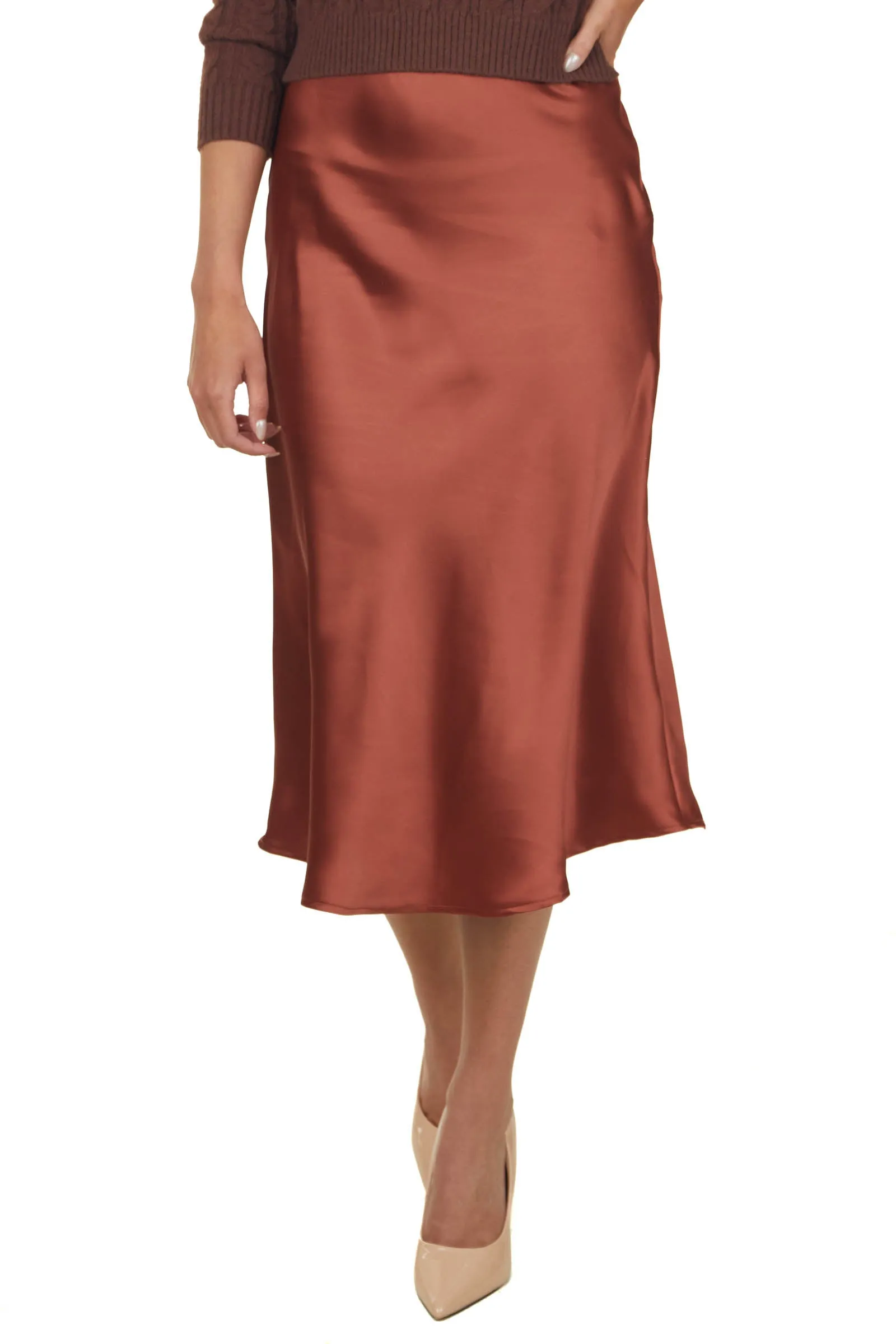She+Sky Chestnut Silky Satin Solid Midi Skirt sold by Lime Lush product image thumbnail 2
