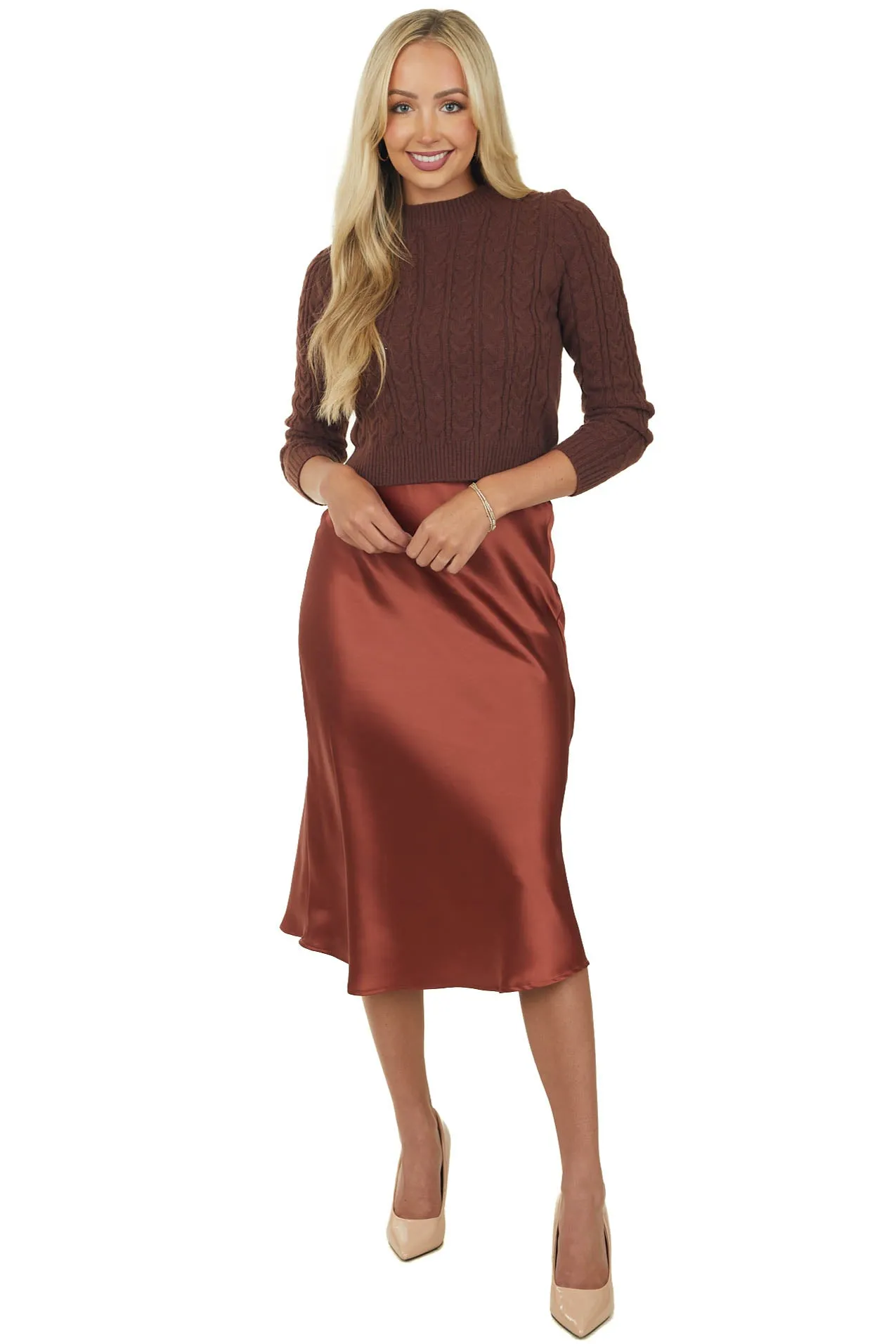 She+Sky Chestnut Silky Satin Solid Midi Skirt sold by Lime Lush