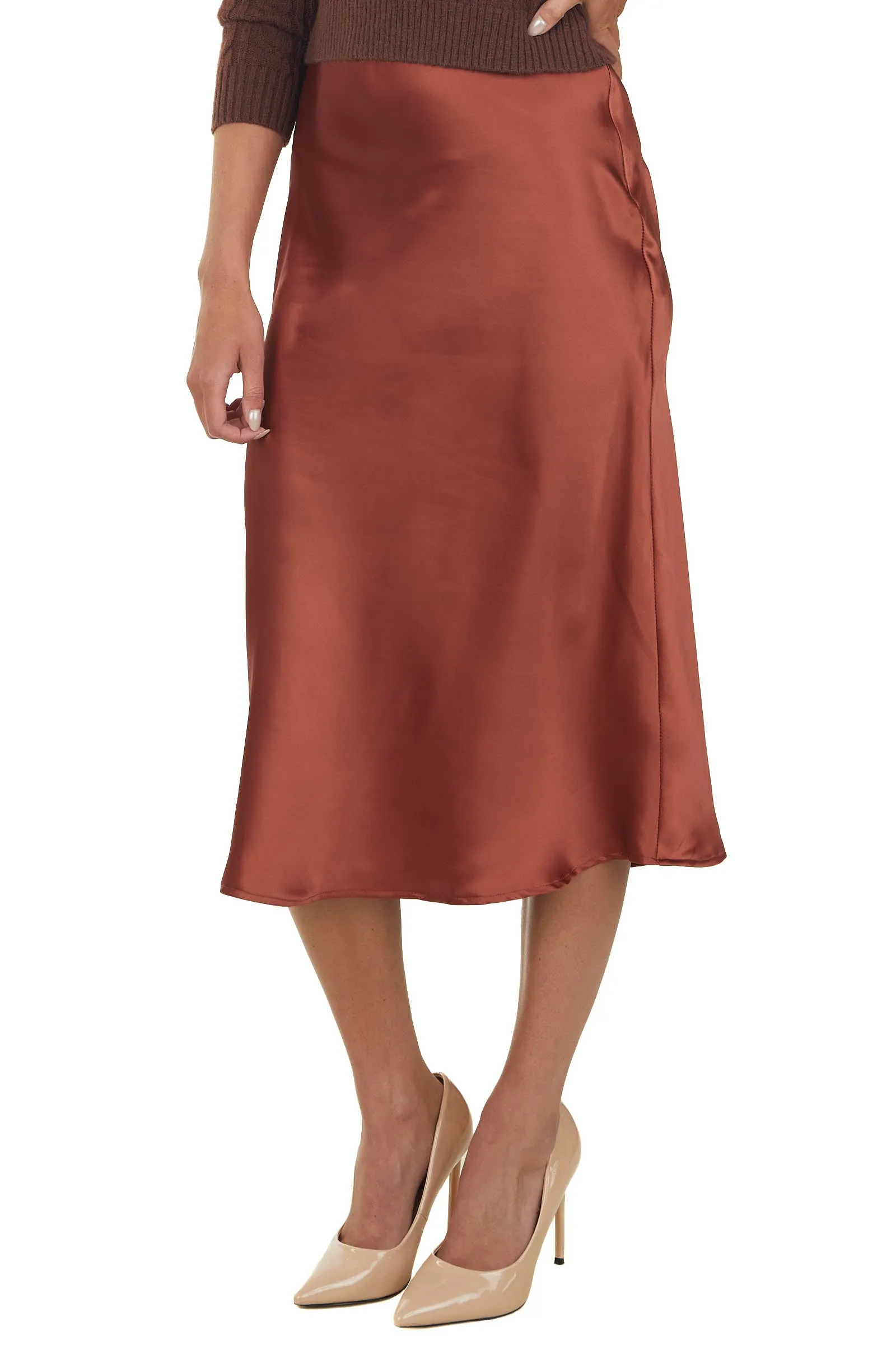 She+Sky Chestnut Silky Satin Solid Midi Skirt sold by Lime Lush product image thumbnail 3
