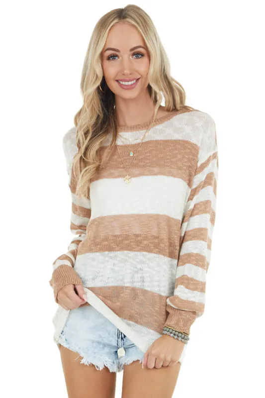 Ivory and Camel Striped Loose Knit Lightweight Sweater sold by Lime Lush