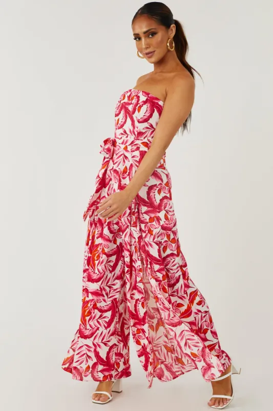Raspberry Leaf Print Waist Tie Wide Leg Jumpsuit sold by Lime Lush