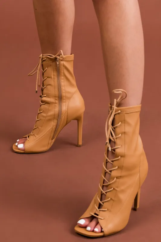 Copper Faux Leather Lace Up Peep Toe High Heels sold by Lime Lush