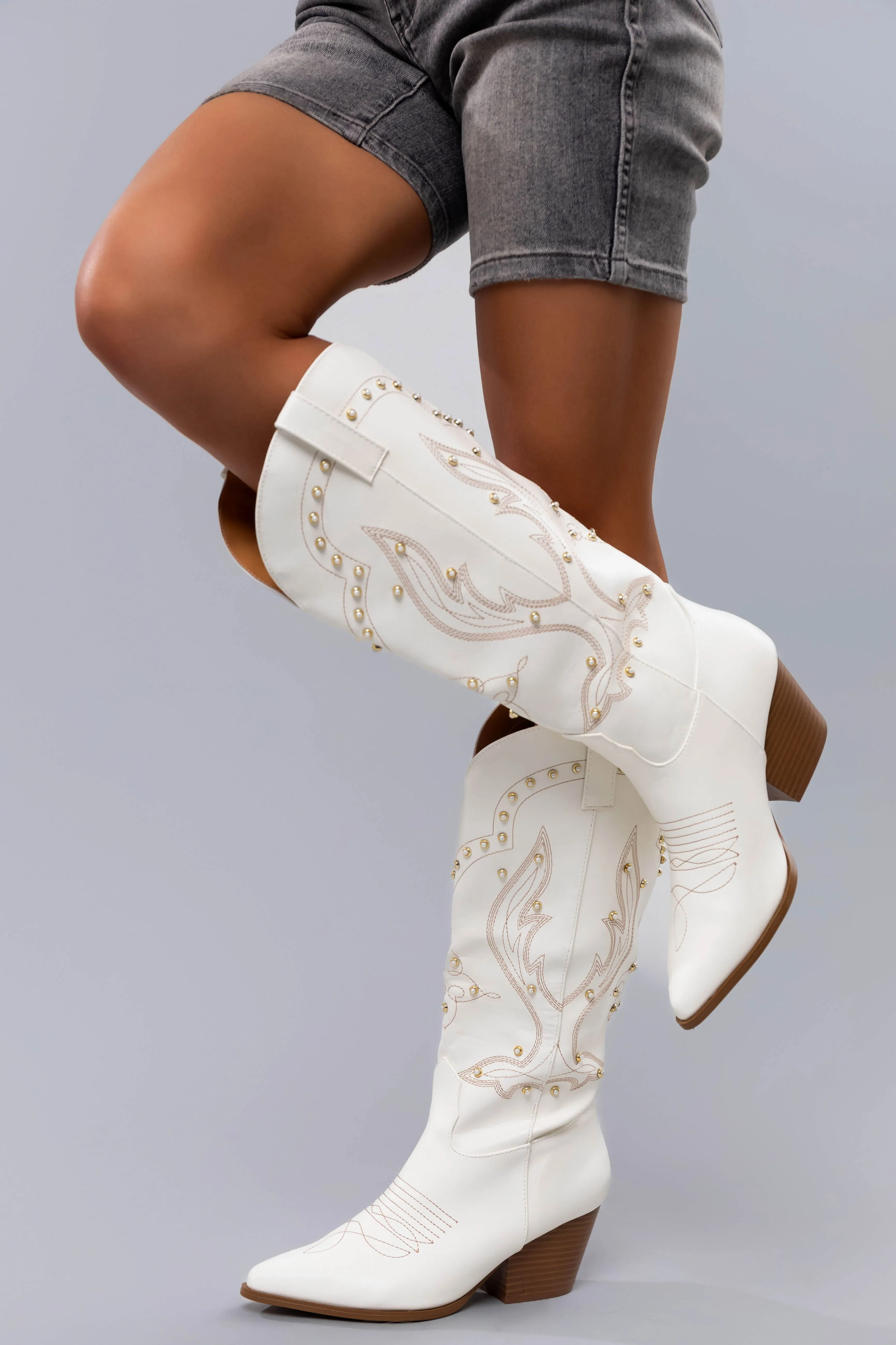 Ivory Embroidered Pearl Detail Heeled Boots sold by Lime Lush