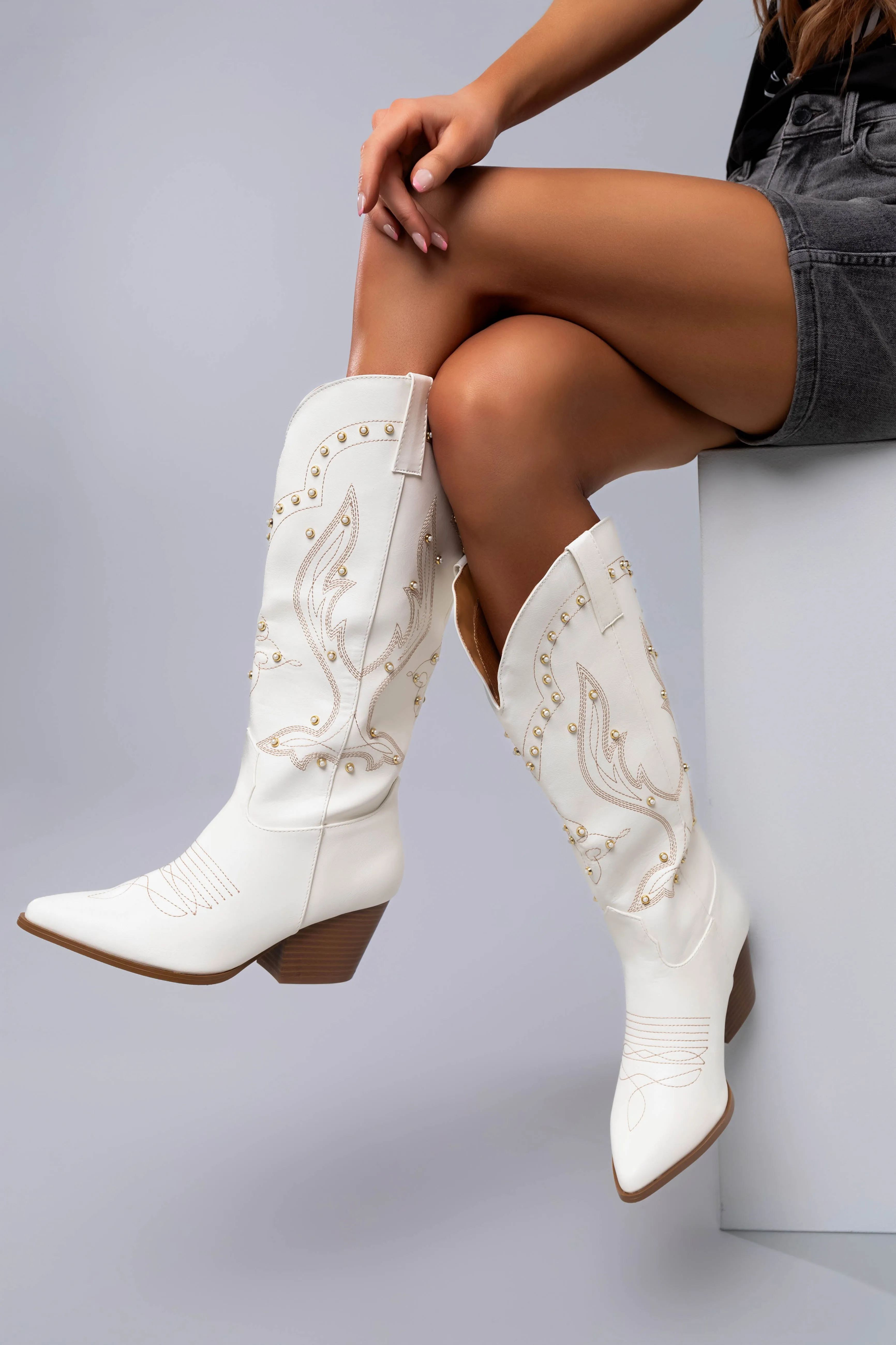 Ivory Embroidered Pearl Detail Heeled Boots sold by Lime Lush product image thumbnail 5