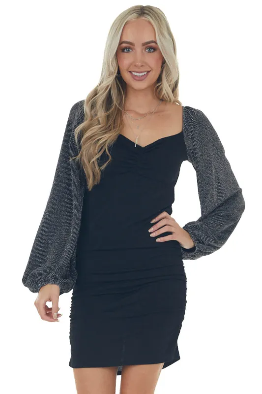 Black Long Metallic Threaded Sleeve Mini Dress sold by Lime Lush