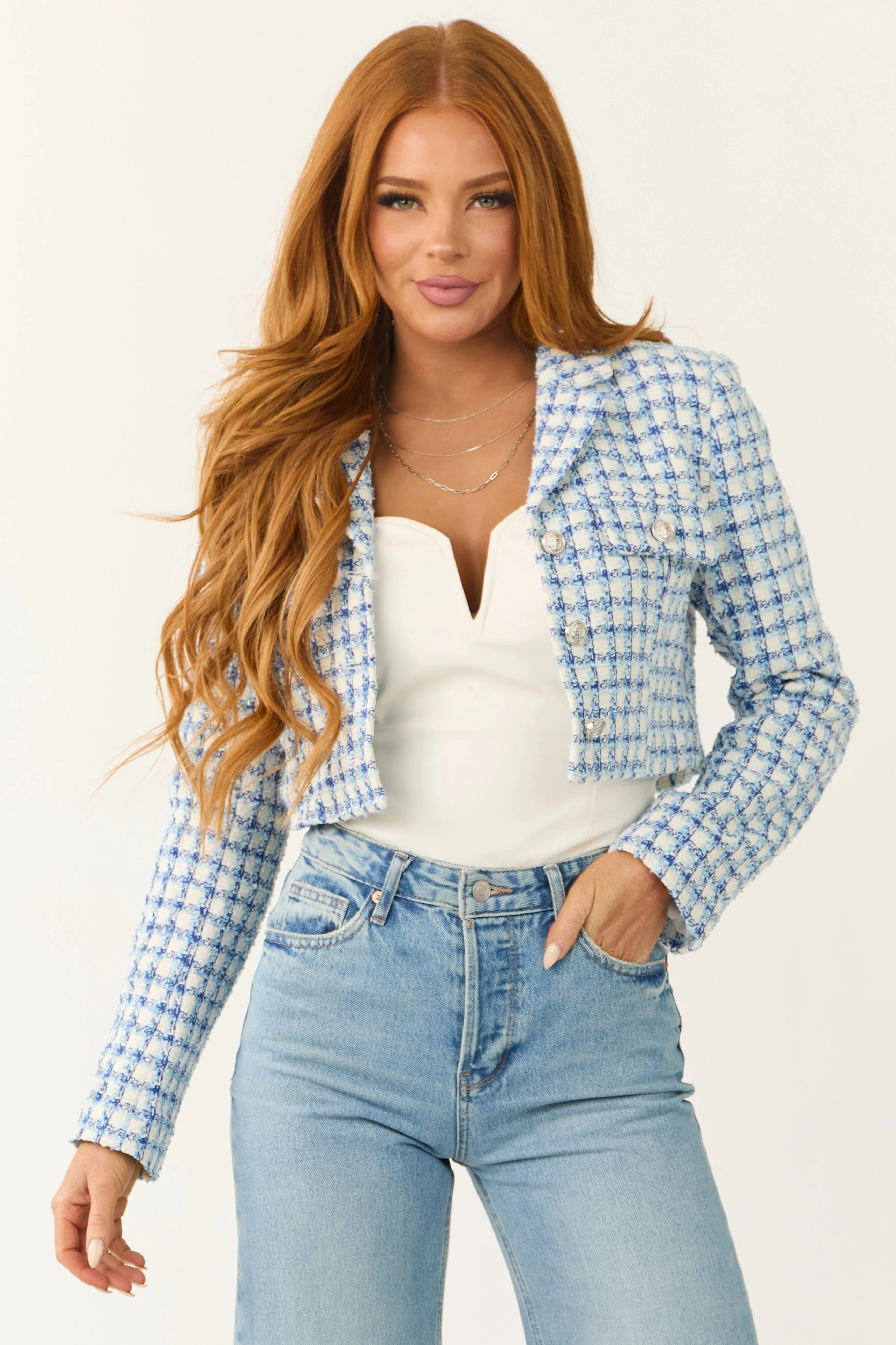 Sky Blue Tweed Plaid Button Down Cropped Jacket sold by Lime Lush