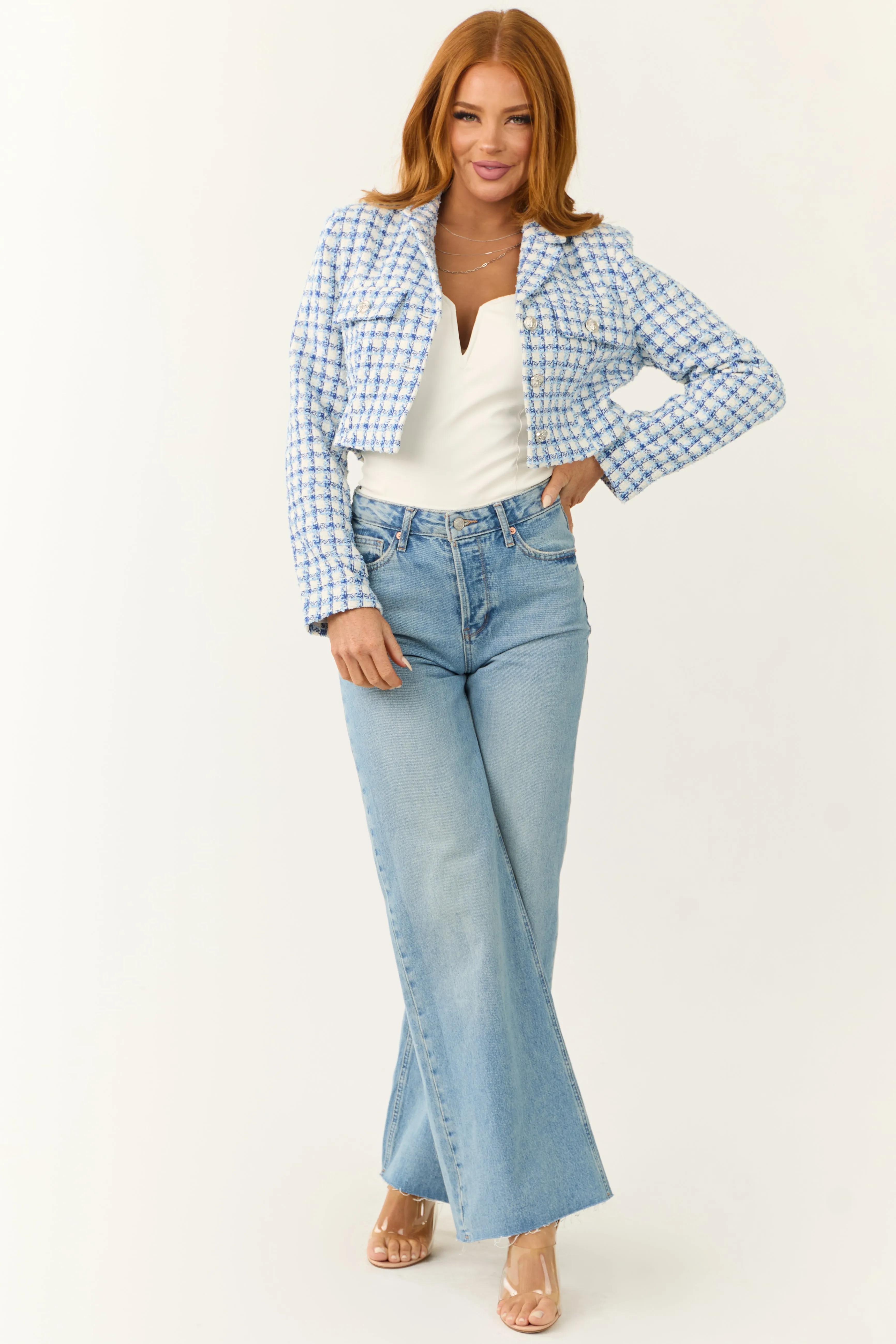 Sky Blue Tweed Plaid Button Down Cropped Jacket sold by Lime Lush product image thumbnail 3