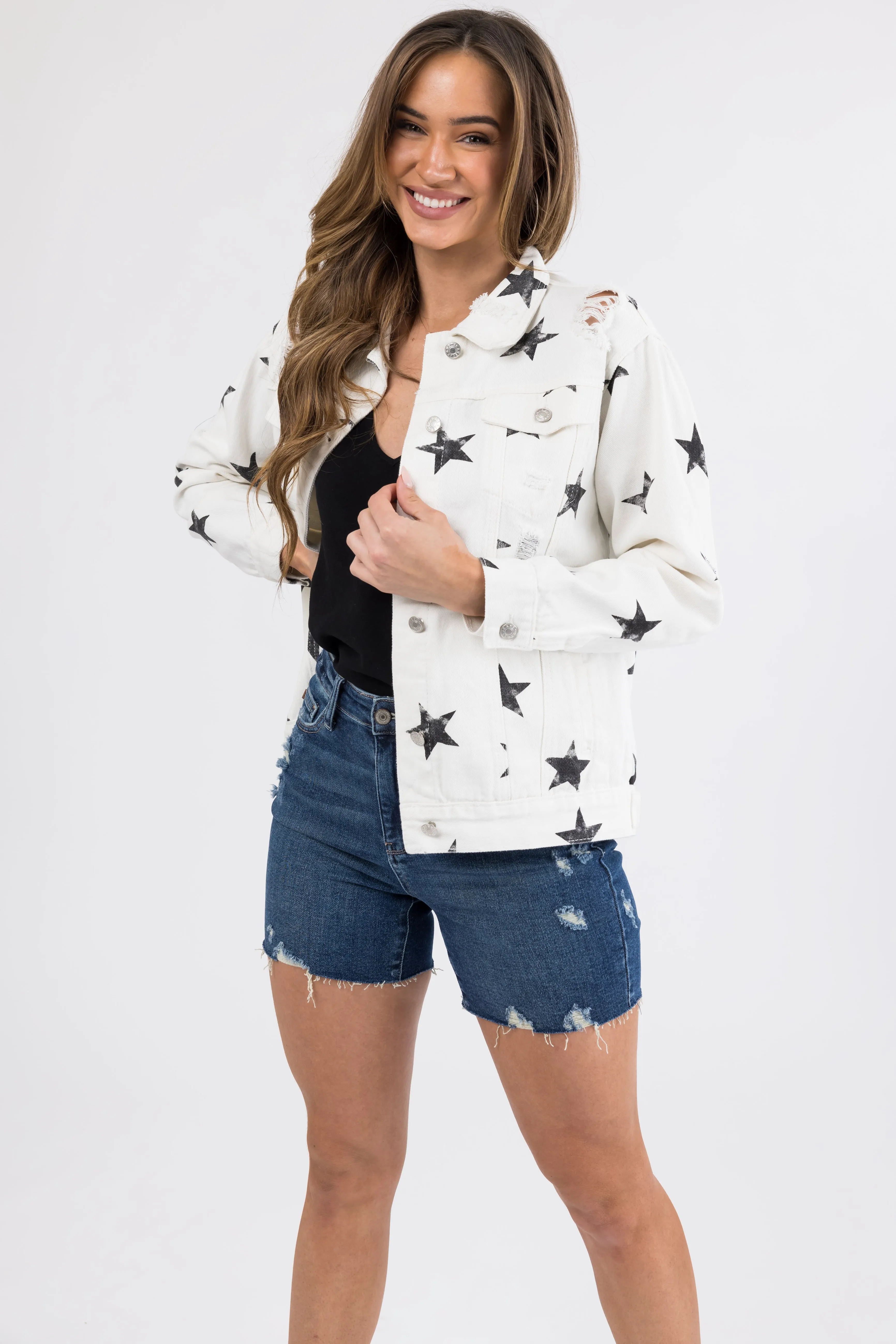 Off White and Black Star Print Denim Jacket sold by Lime Lush product image thumbnail 5