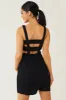 Black Smocked Elastic Strappy Back Woven Romper sold by Lime Lush