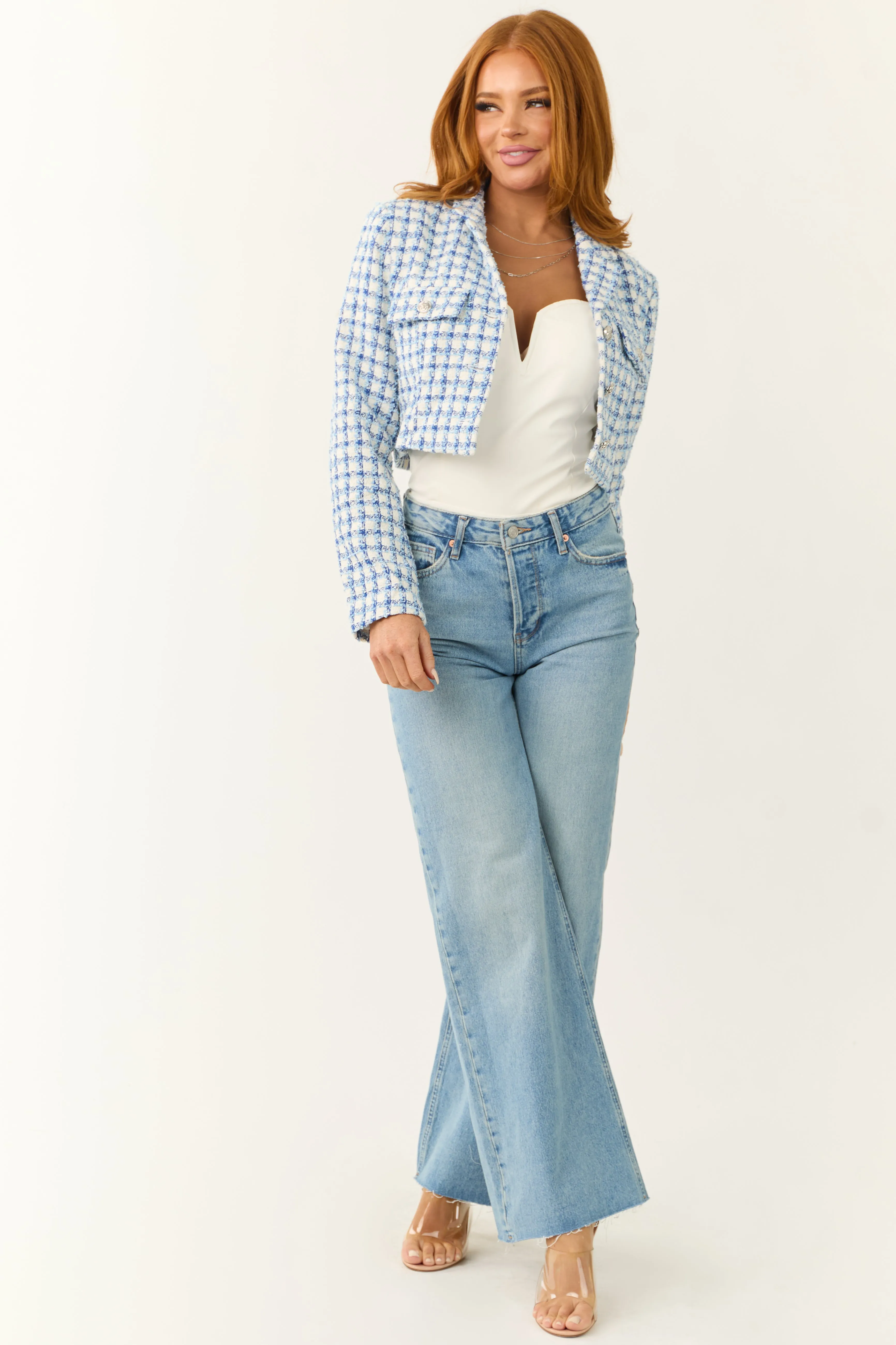 Sky Blue Tweed Plaid Button Down Cropped Jacket sold by Lime Lush product image thumbnail 4