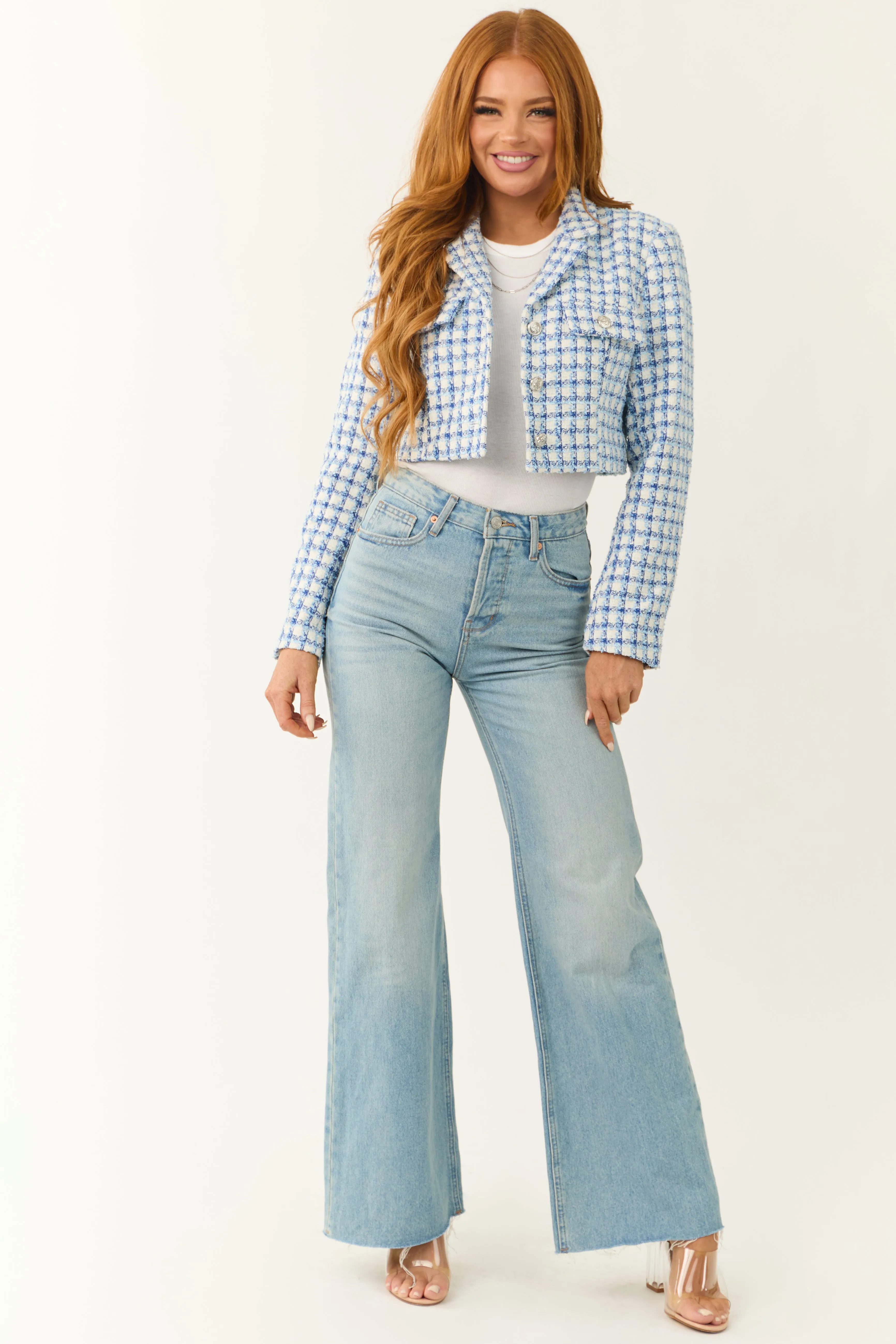Sky Blue Tweed Plaid Button Down Cropped Jacket sold by Lime Lush product image thumbnail 2