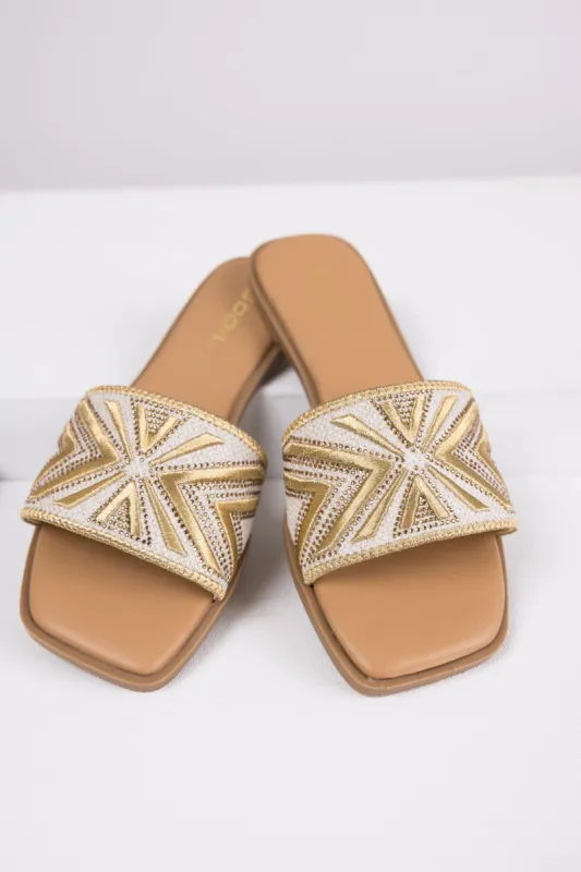Gold Aztec Band Square Toe Slide Sandals sold by Lime Lush