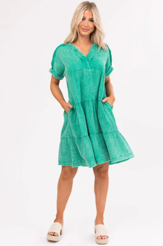 Kelly Green Washed Tiered V Neck Mini Dress sold by Lime Lush