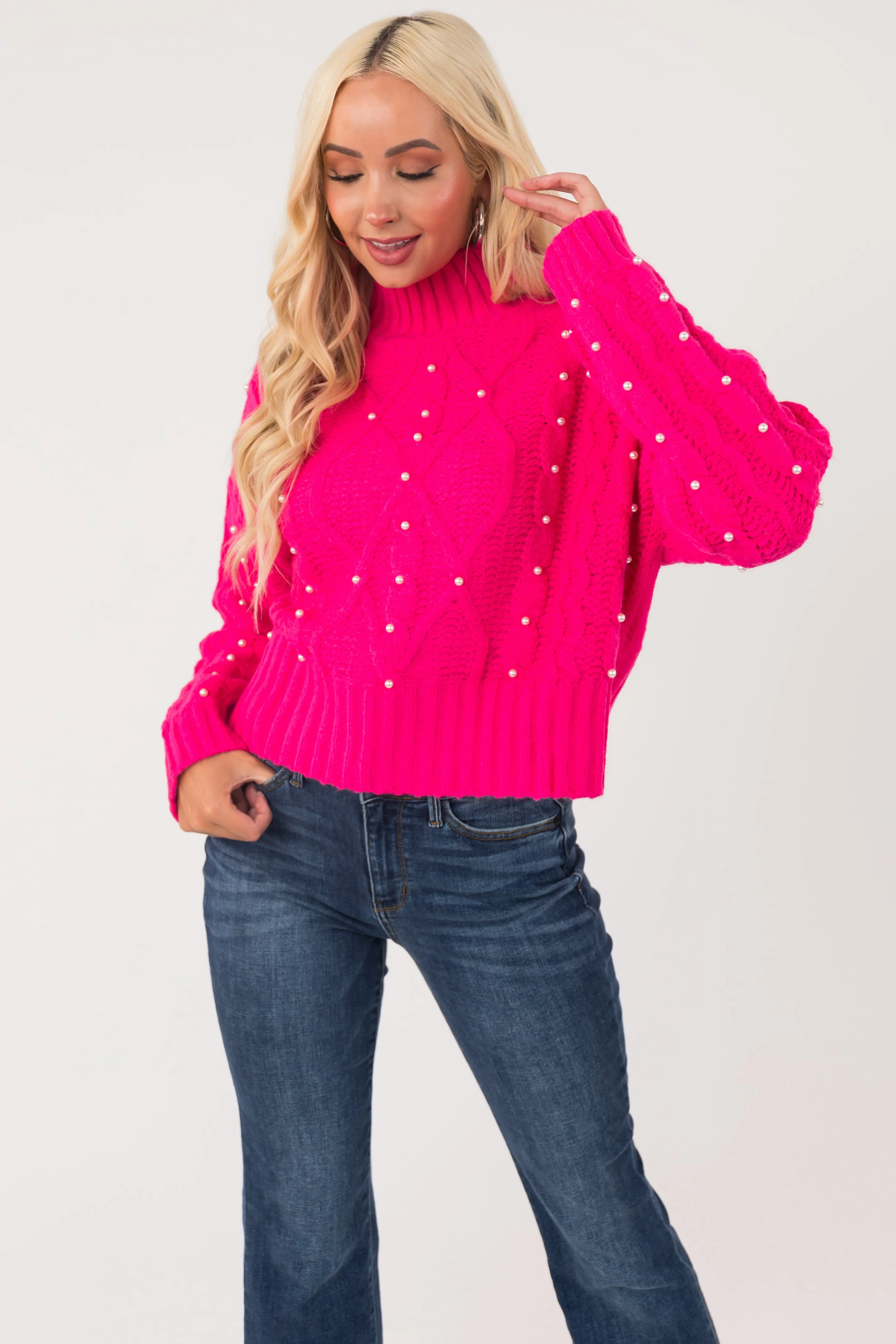 Hot Pink Pearl Embellished Cable Knit Sweater sold by Lime Lush product image thumbnail 3