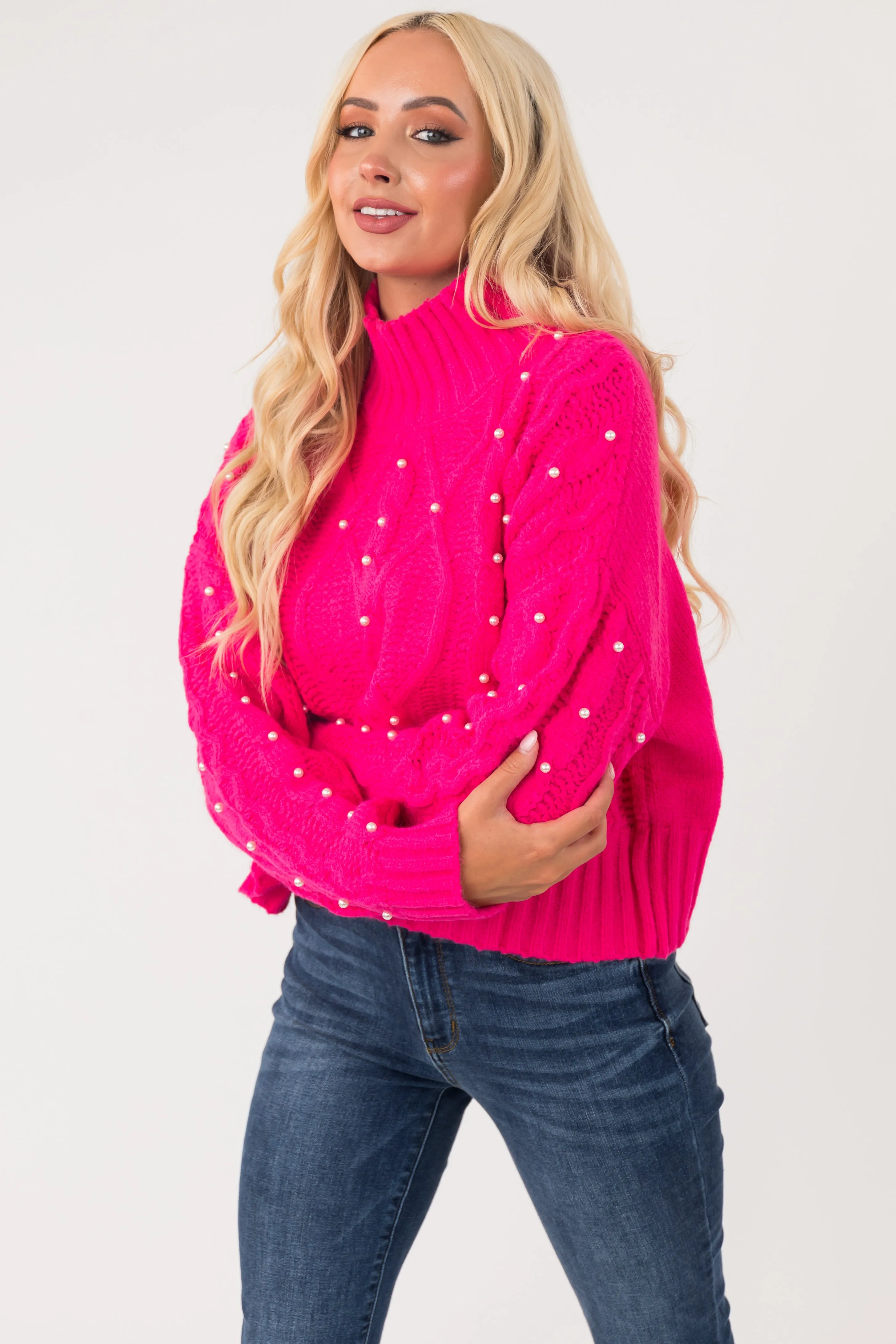 Hot Pink Pearl Embellished Cable Knit Sweater sold by Lime Lush product image thumbnail 2