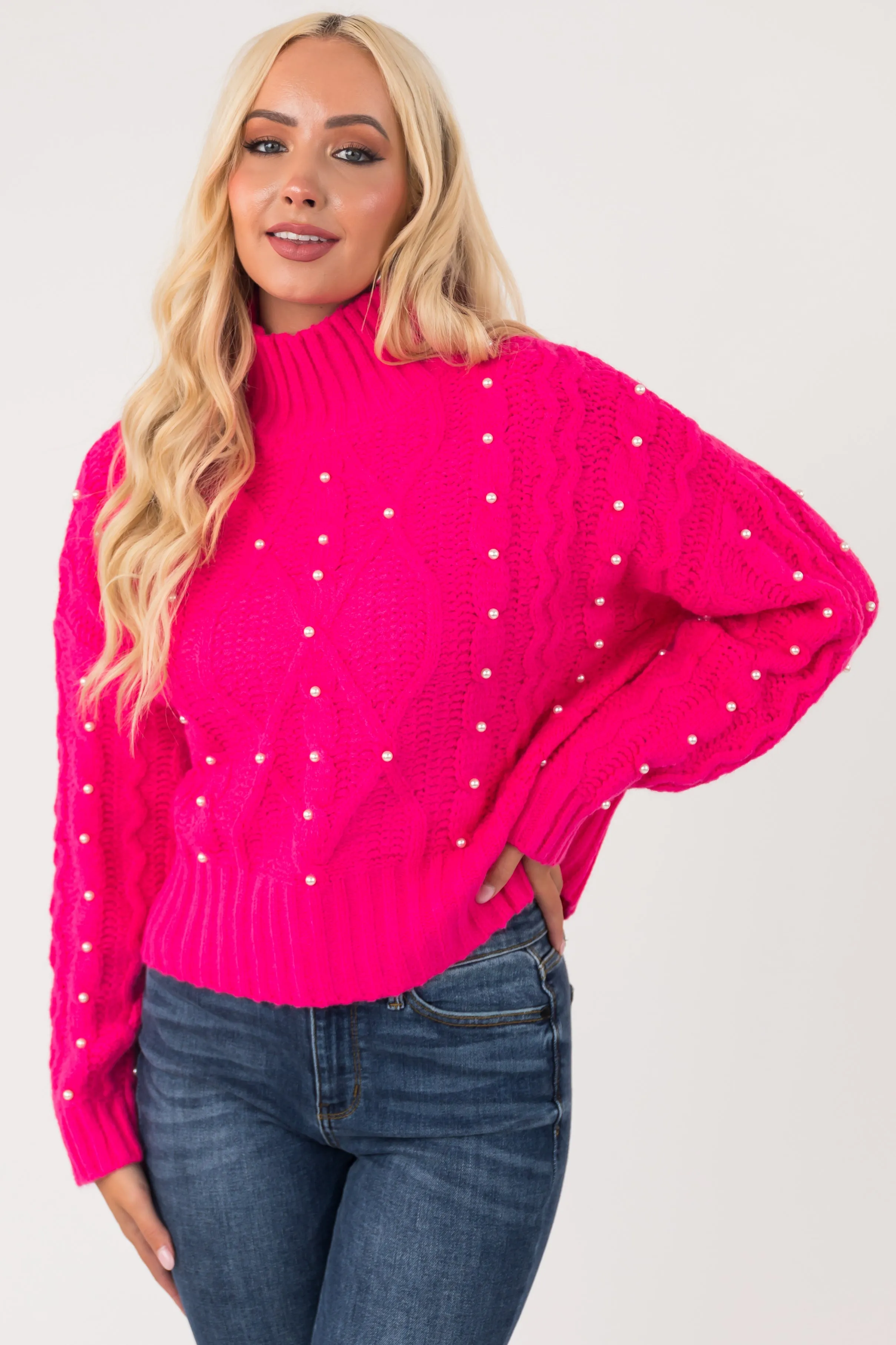 Hot Pink Pearl Embellished Cable Knit Sweater sold by Lime Lush