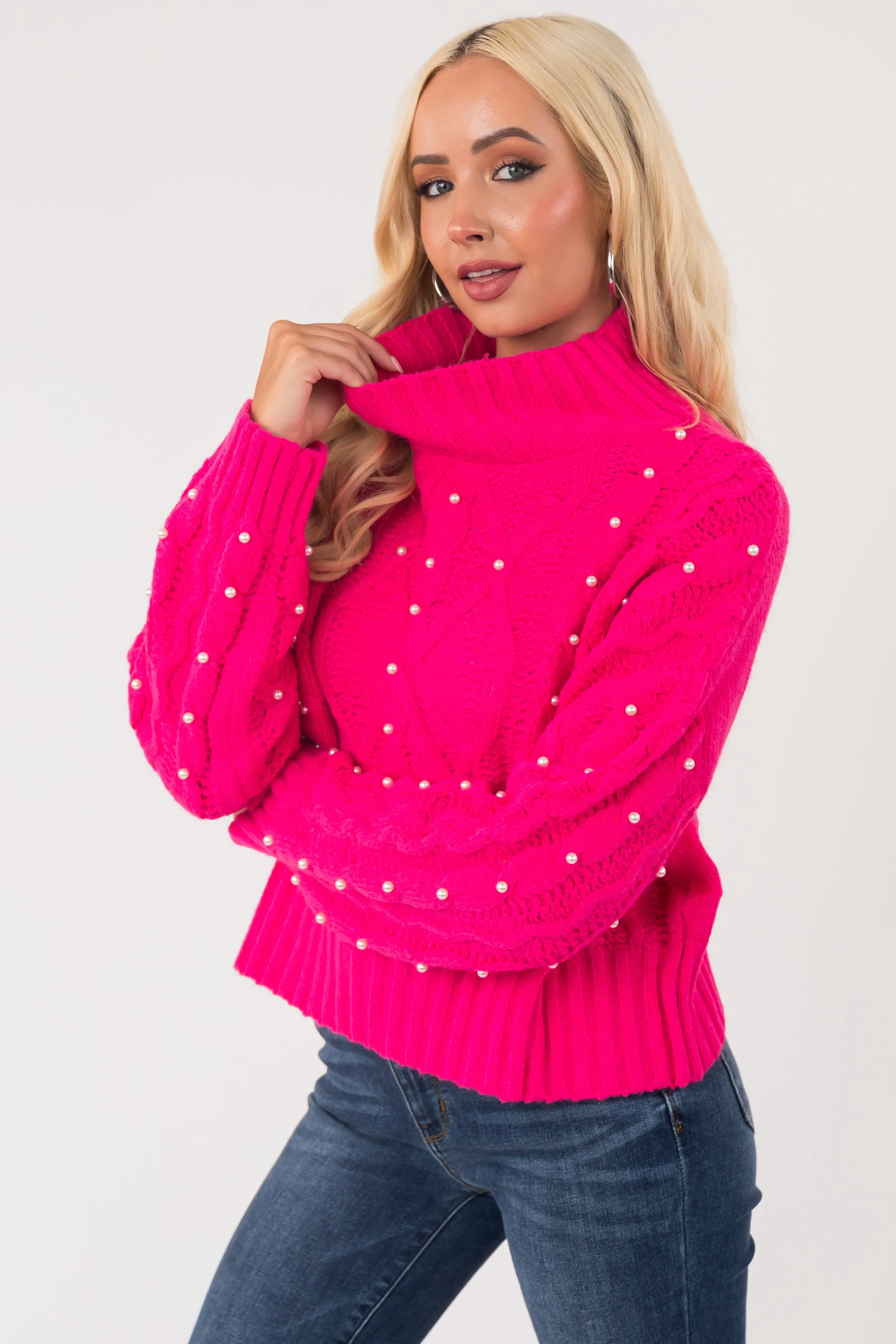 Hot Pink Pearl Embellished Cable Knit Sweater sold by Lime Lush product image thumbnail 5