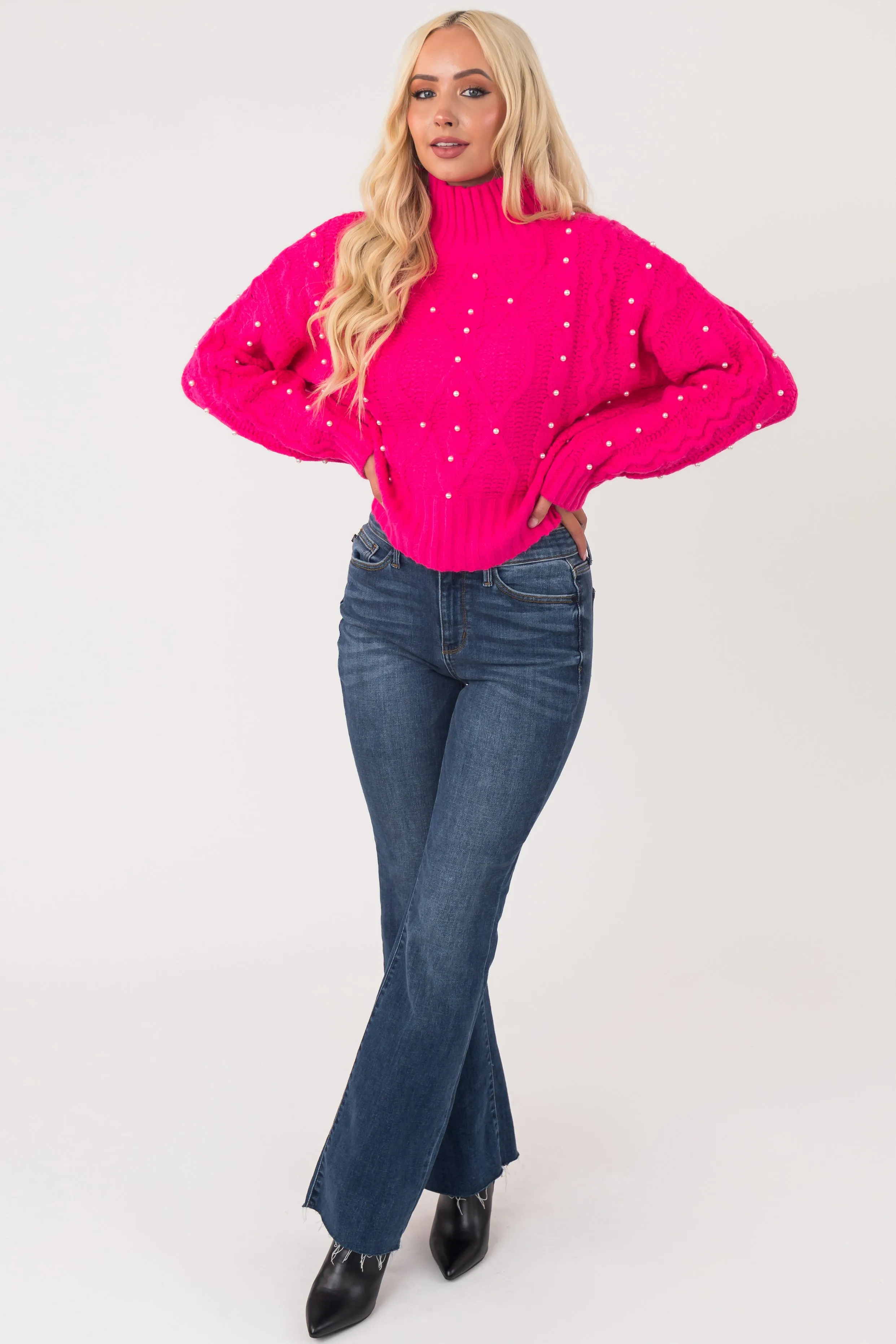 Hot Pink Pearl Embellished Cable Knit Sweater sold by Lime Lush product image thumbnail 4