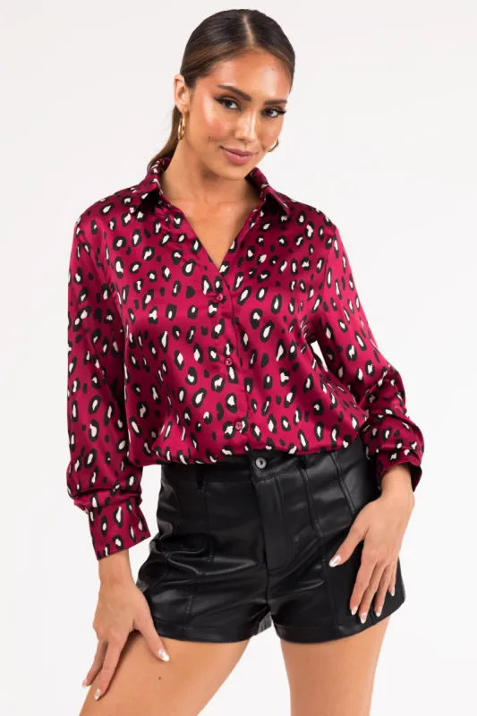Maroon Leopard Print Button Down Satin Blouse sold by Lime Lush