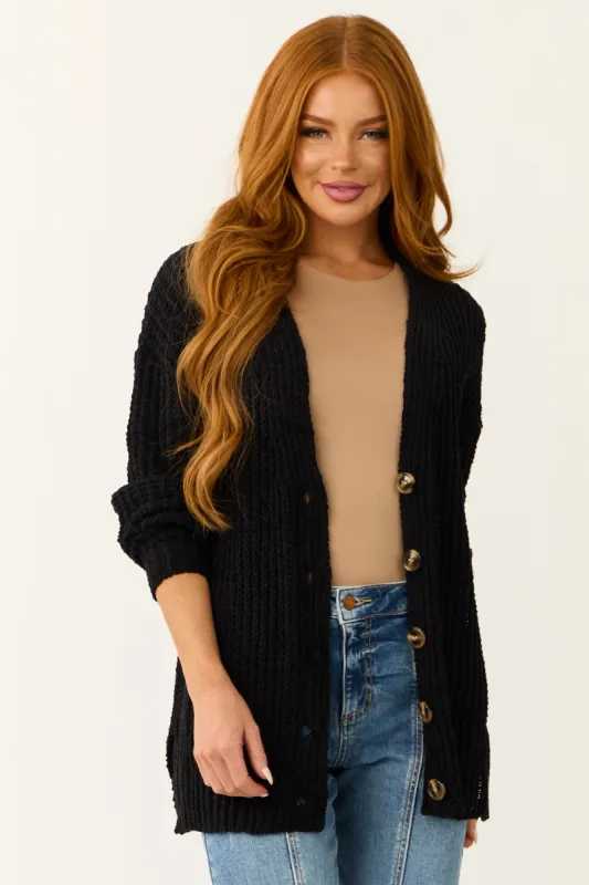 Black Chenille Drop Sleeve Knit Cardigan sold by Lime Lush