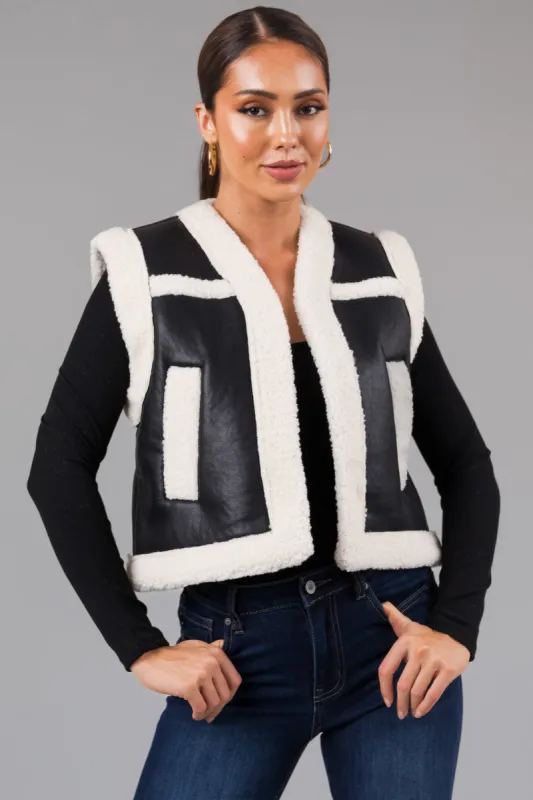 Black and Ivory Faux Leather and Sherpa Vest made by HYFVE