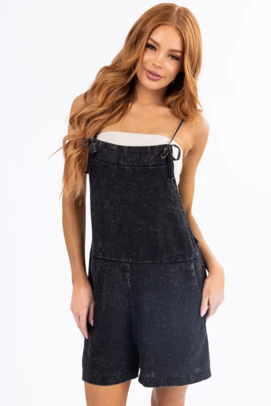Black Washed Linen Knotted Strap Romper sold by Lime Lush