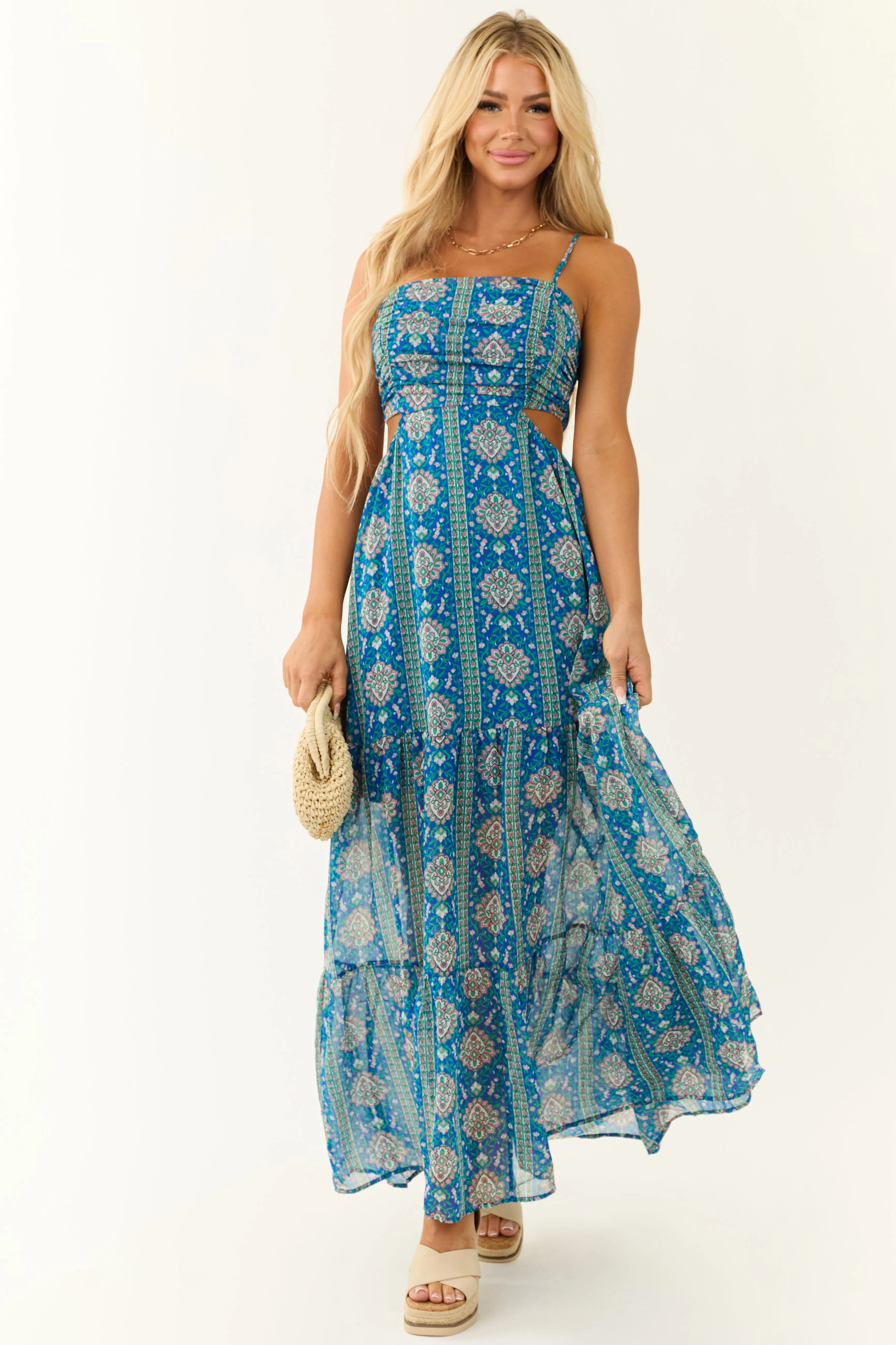 Royal Blue Floral Print Open Back Maxi Dress sold by Lime Lush