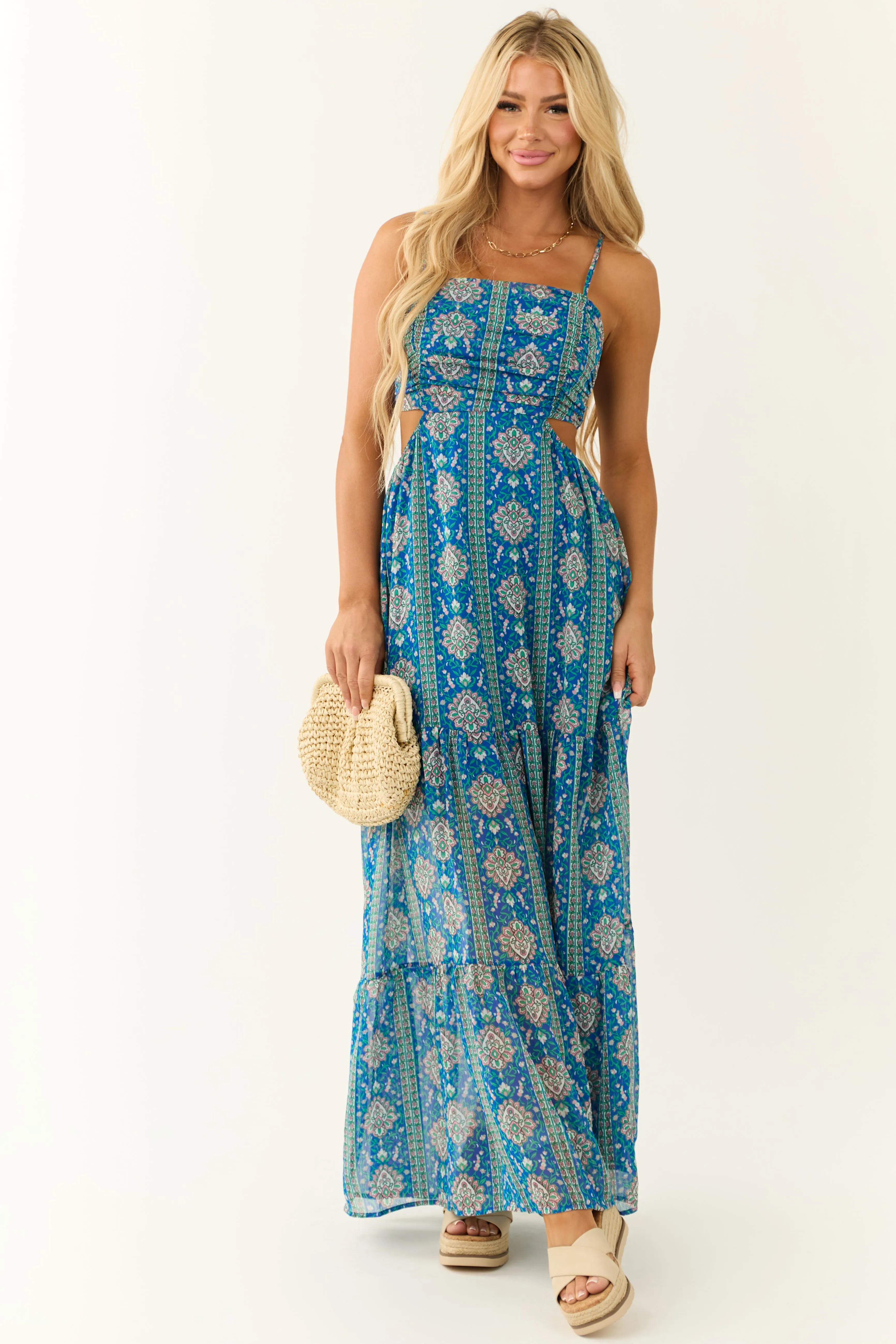 Royal Blue Floral Print Open Back Maxi Dress sold by Lime Lush product image thumbnail 2